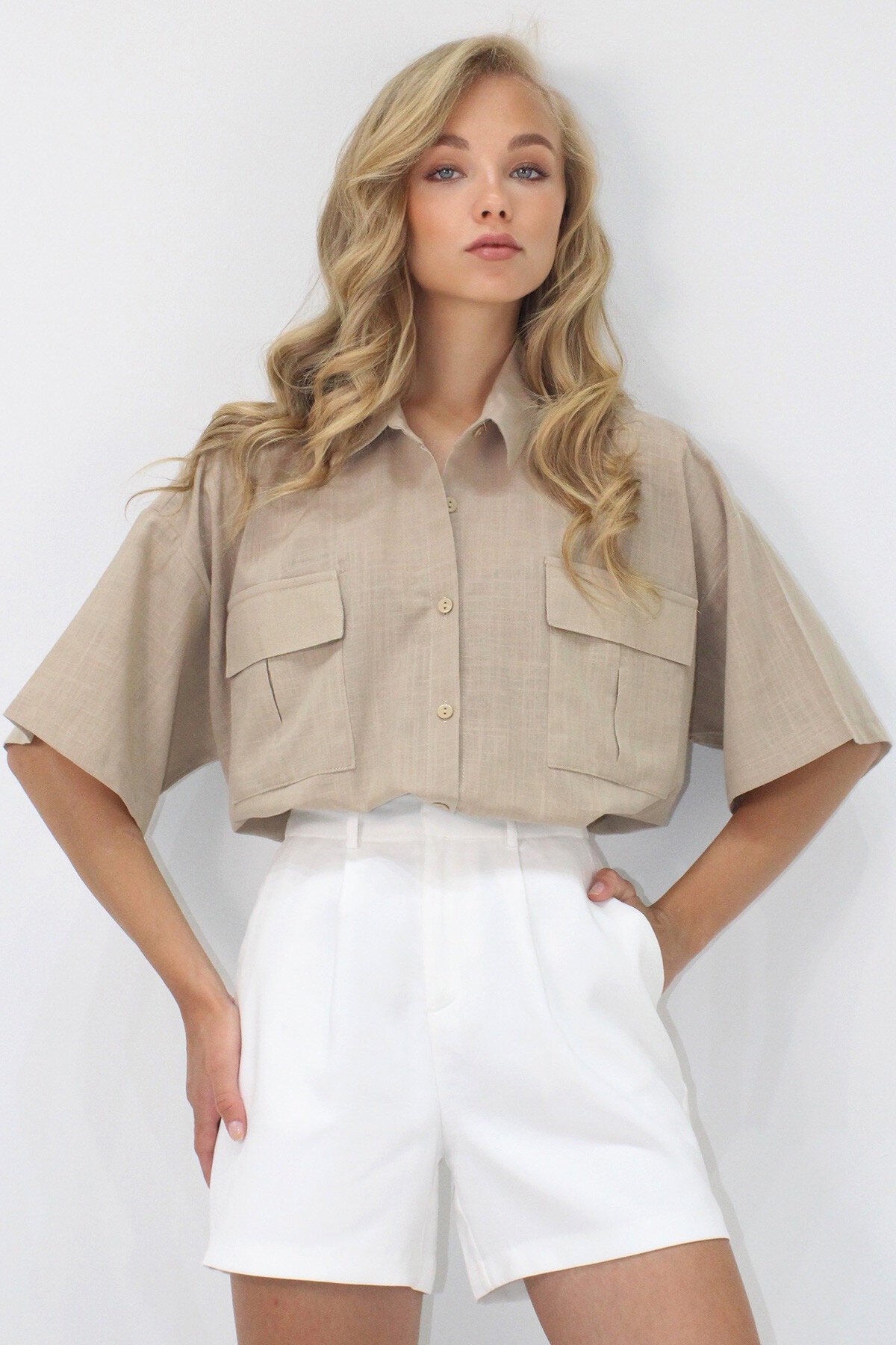 Kum Beji Çift Cepli Yarım Kol Keten Gömlek