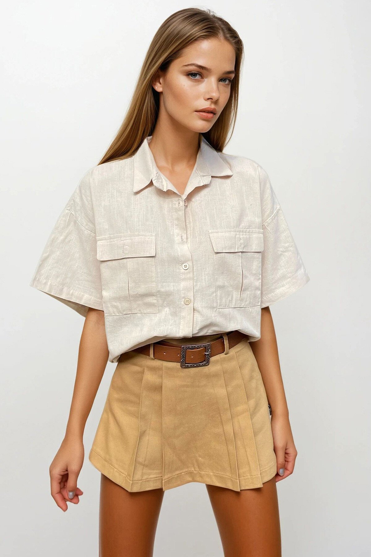 Kum Beji Çift Cepli Yarım Kol Keten Gömlek
