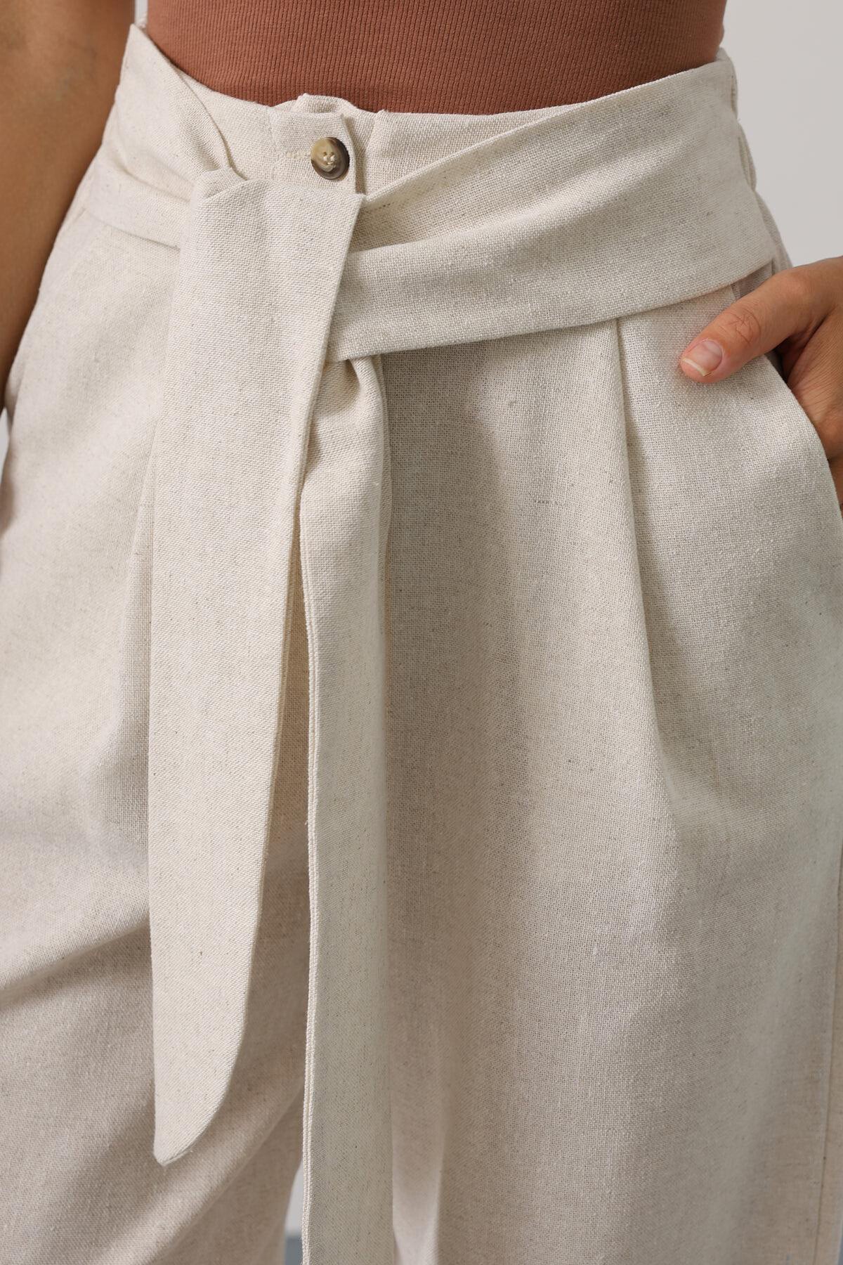 Krem Çift Cepli Kuşak Detaylı Düğme Kapama Palazzo Pantolon