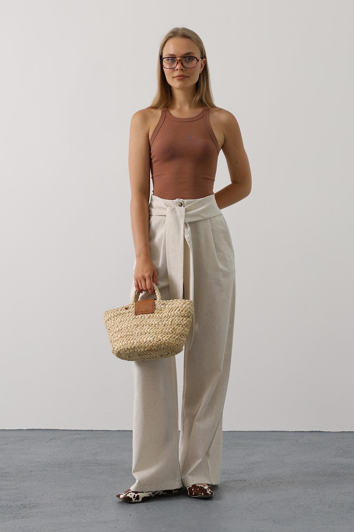 Krem Çift Cepli Kuşak Detaylı Düğme Kapama Palazzo Pantolon