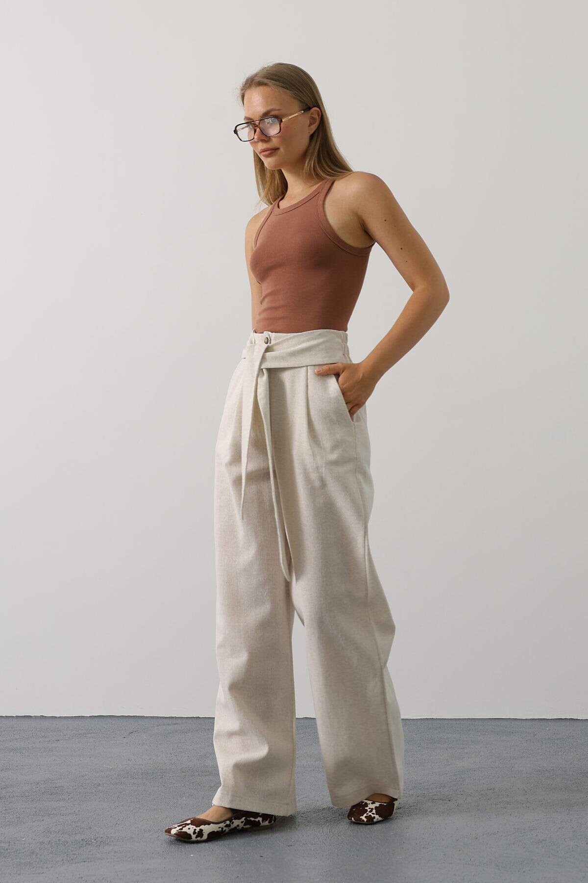 Krem Çift Cepli Kuşak Detaylı Düğme Kapama Palazzo Pantolon