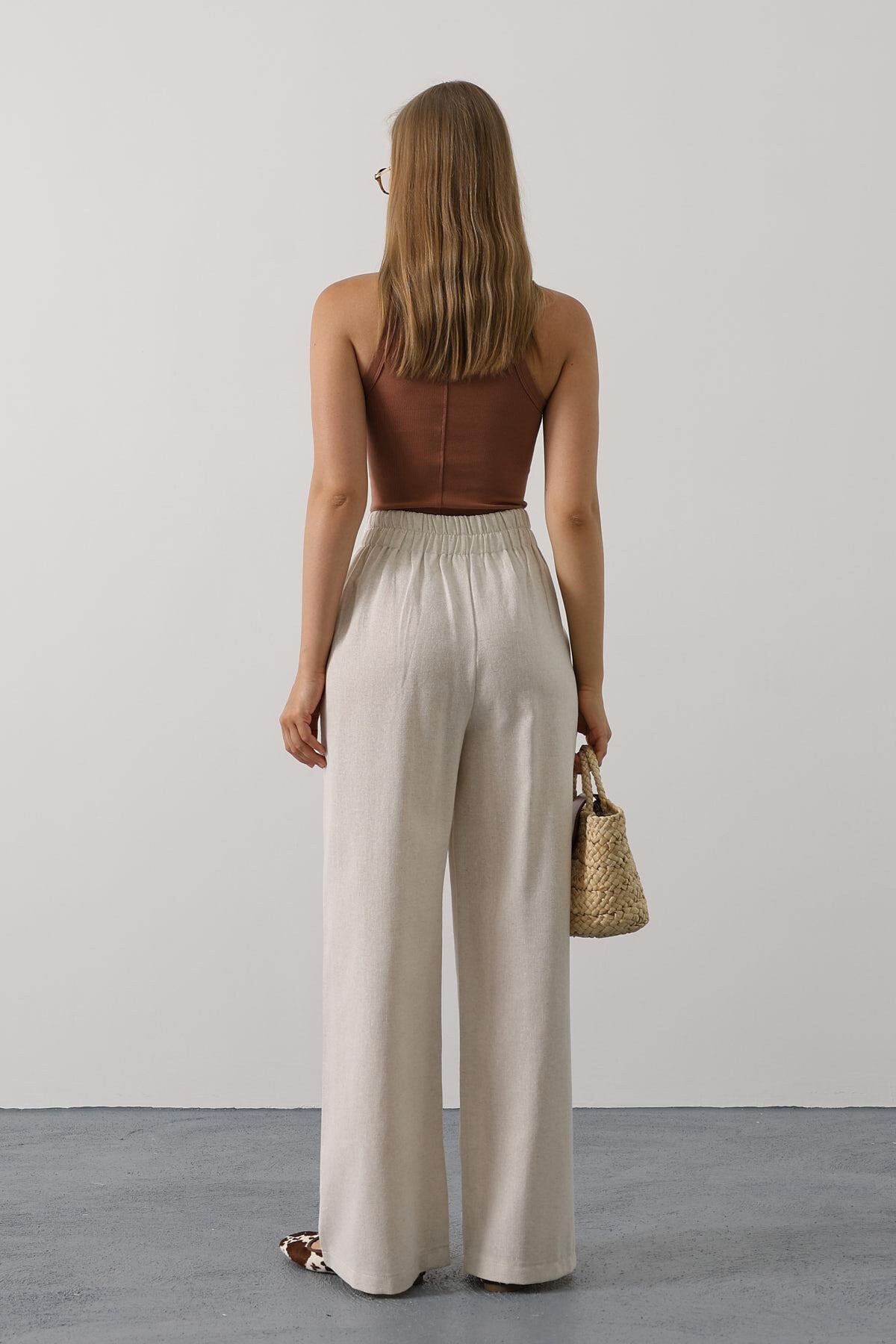 Krem Çift Cepli Kuşak Detaylı Düğme Kapama Palazzo Pantolon