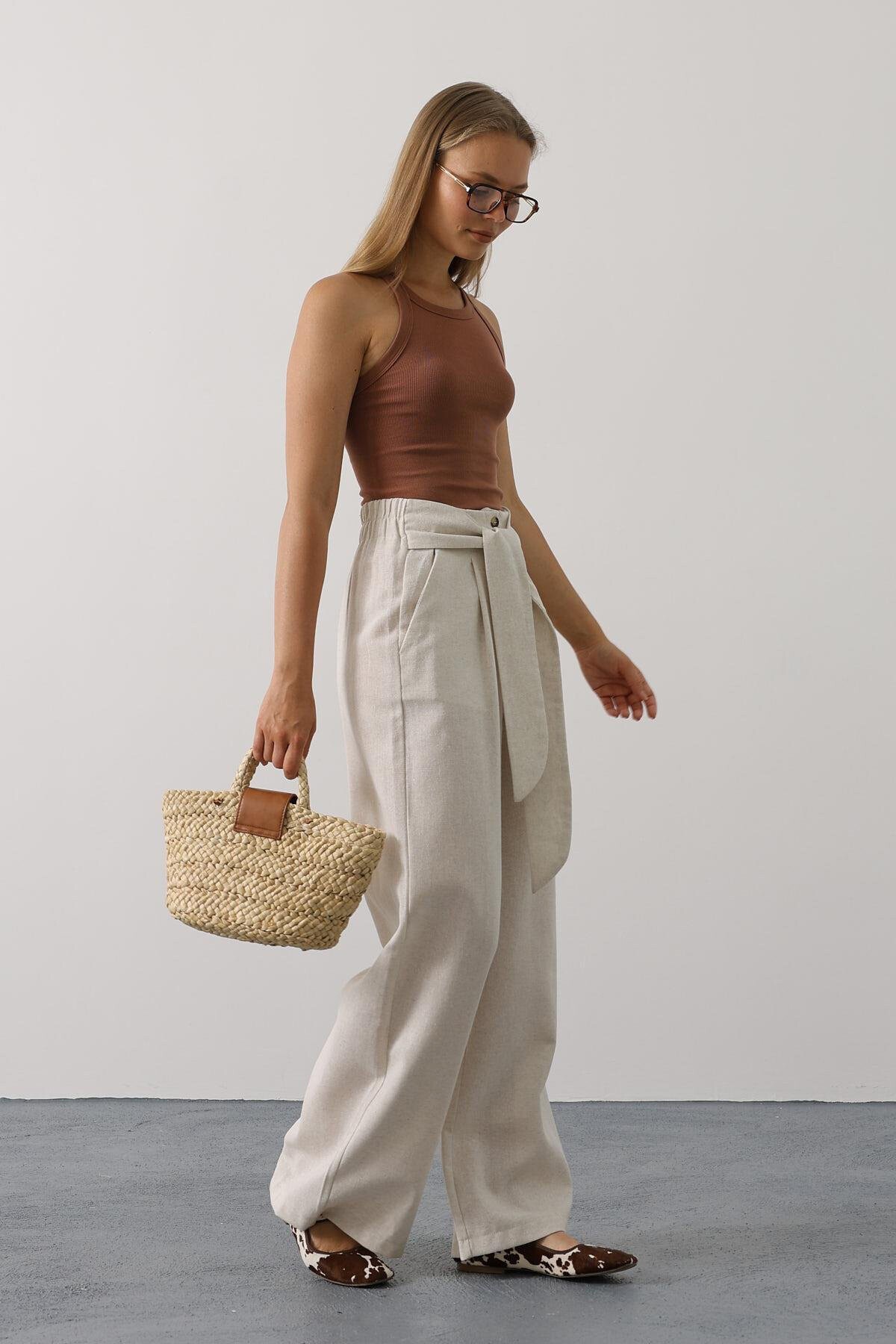 Krem Çift Cepli Kuşak Detaylı Düğme Kapama Palazzo Pantolon