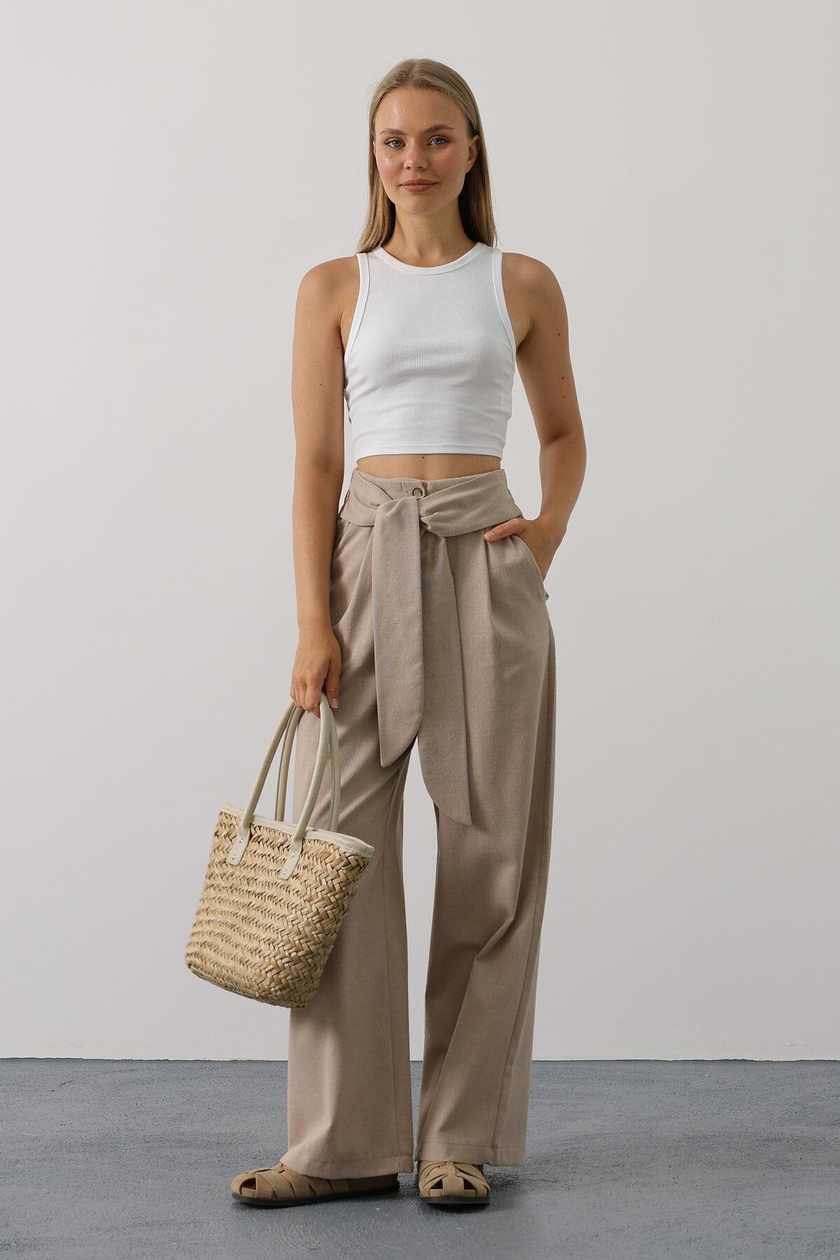 Vizon Çift Cepli Kuşak Detaylı Düğme Kapama Palazzo Pantolon