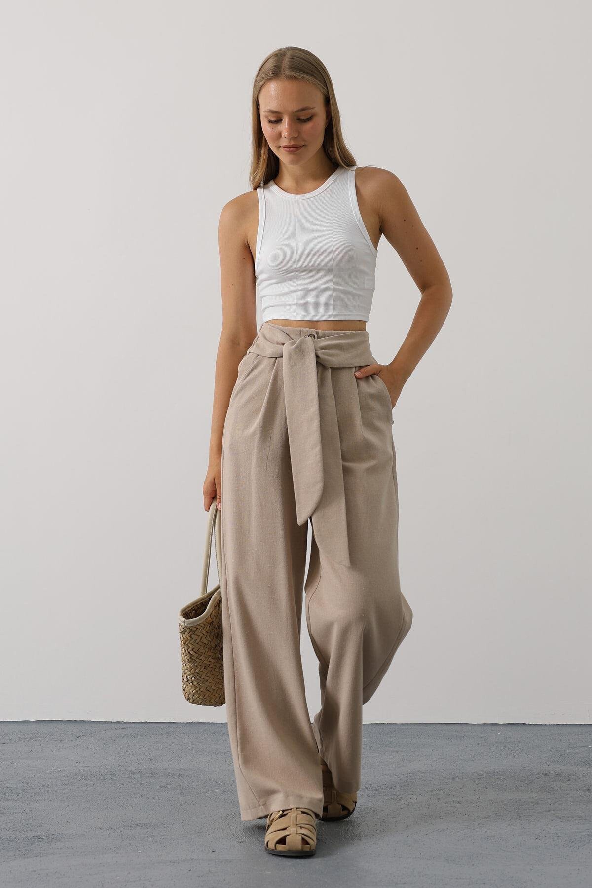 Vizon Çift Cepli Kuşak Detaylı Düğme Kapama Palazzo Pantolon