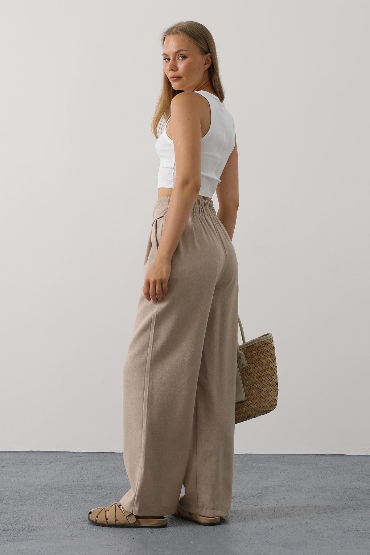 Vizon Çift Cepli Kuşak Detaylı Düğme Kapama Palazzo Pantolon