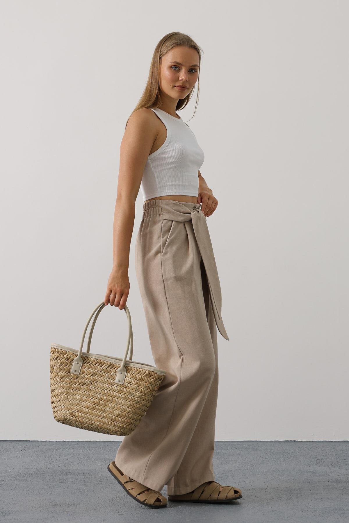 Vizon Çift Cepli Kuşak Detaylı Düğme Kapama Palazzo Pantolon