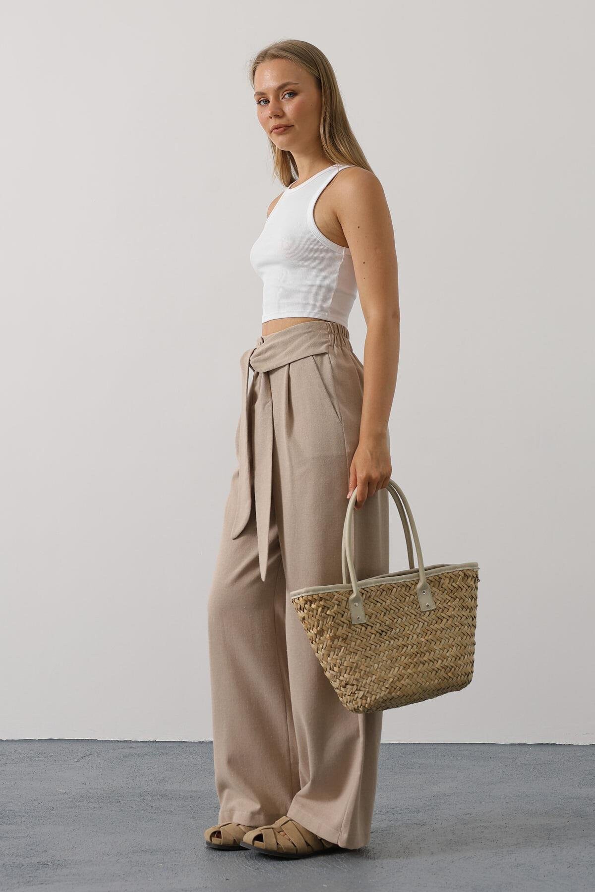 Vizon Çift Cepli Kuşak Detaylı Düğme Kapama Palazzo Pantolon