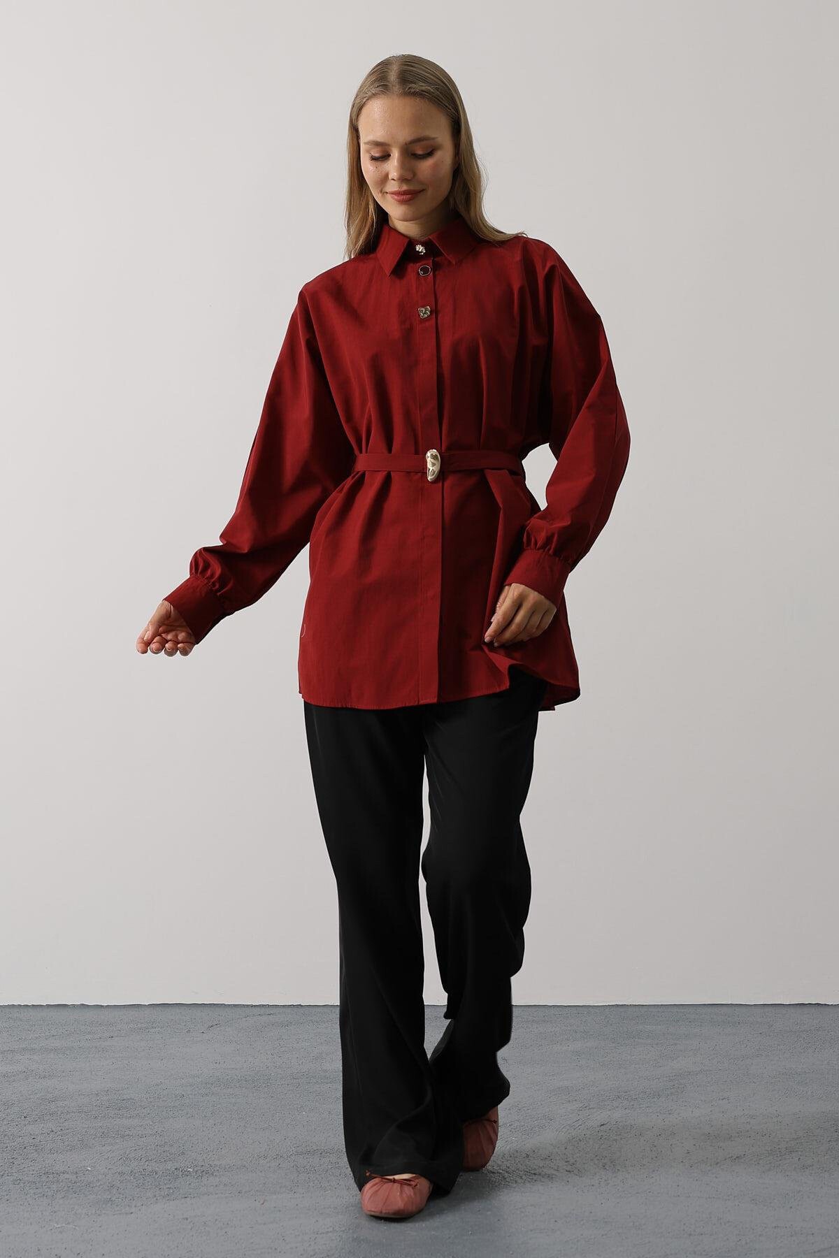 Bordo Kuşak Detaylı Tunik Gömlek