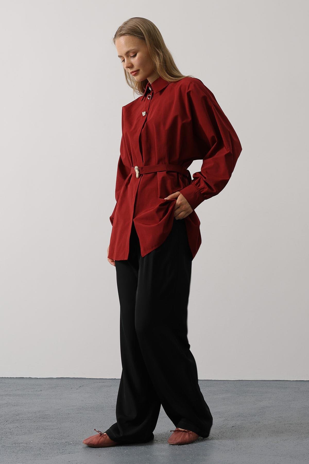 Bordo Kuşak Detaylı Tunik Gömlek