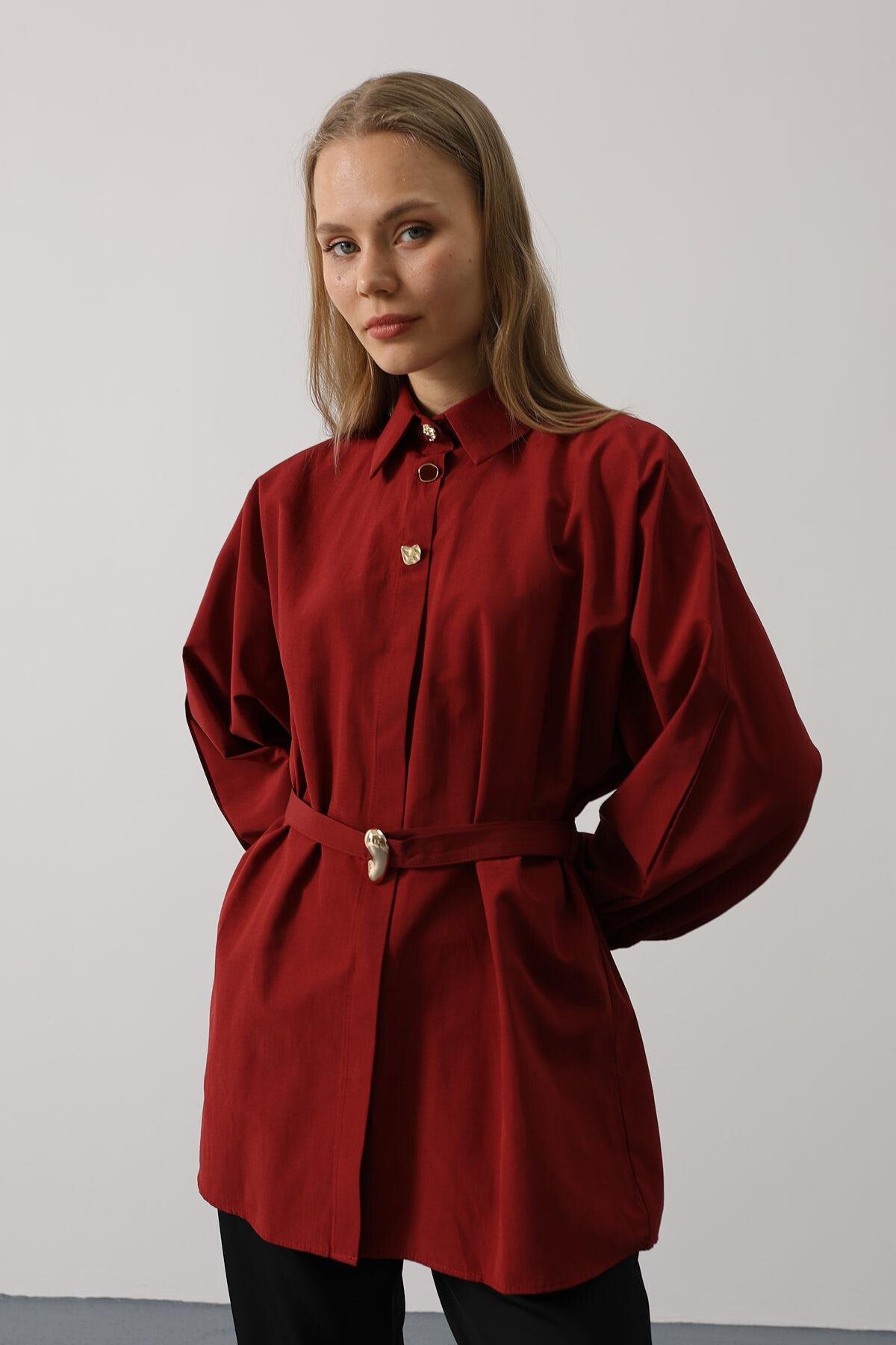 Bordo Kuşak Detaylı Tunik Gömlek