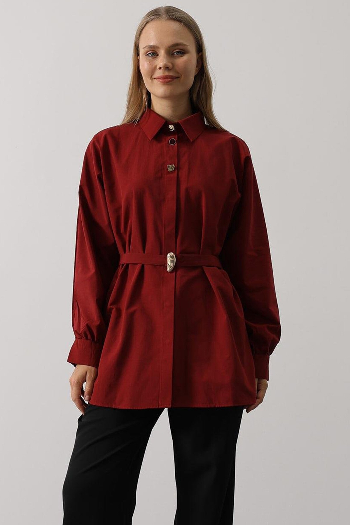 Bordo Kuşak Detaylı Tunik Gömlek