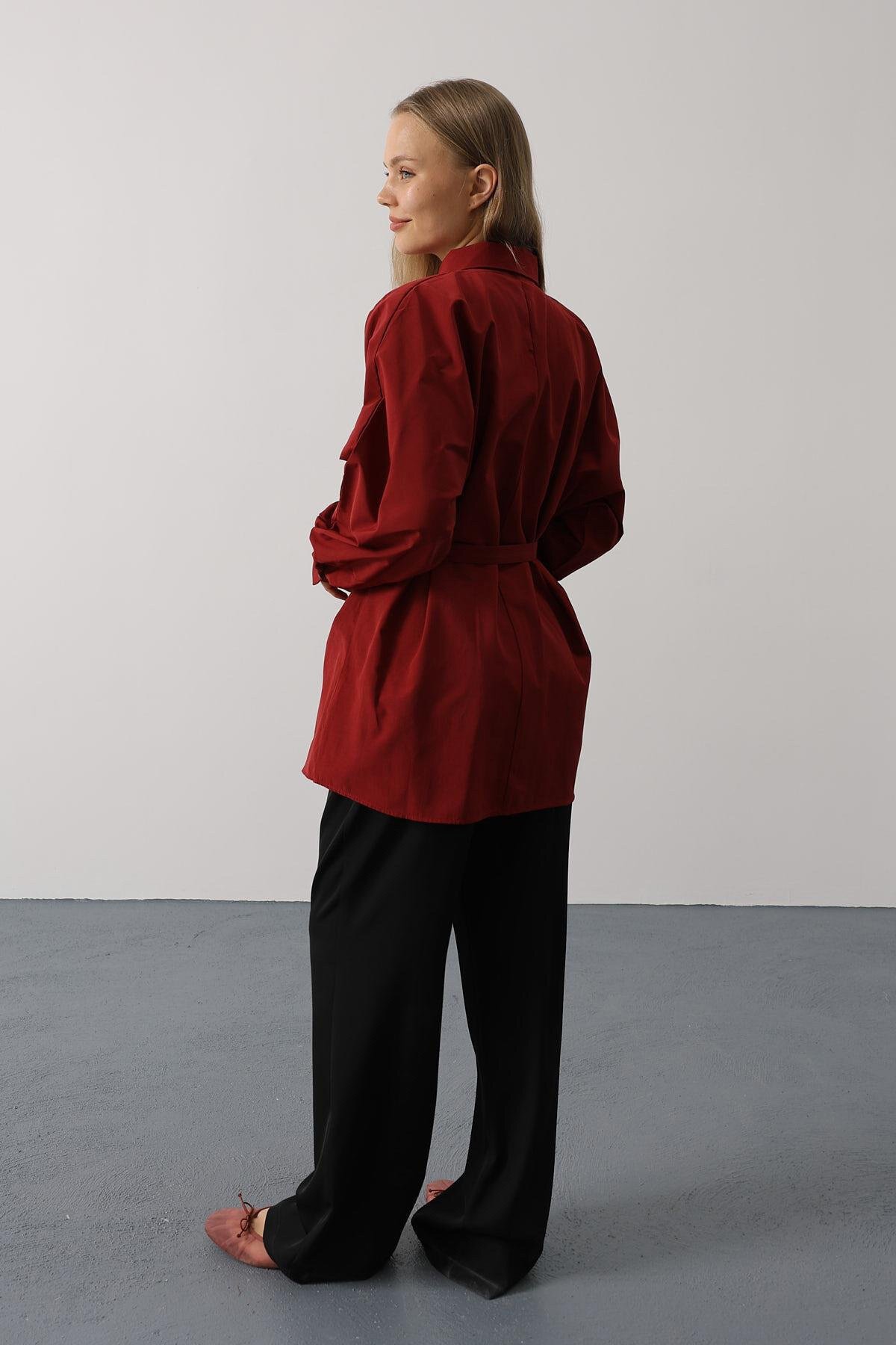 Bordo Kuşak Detaylı Tunik Gömlek