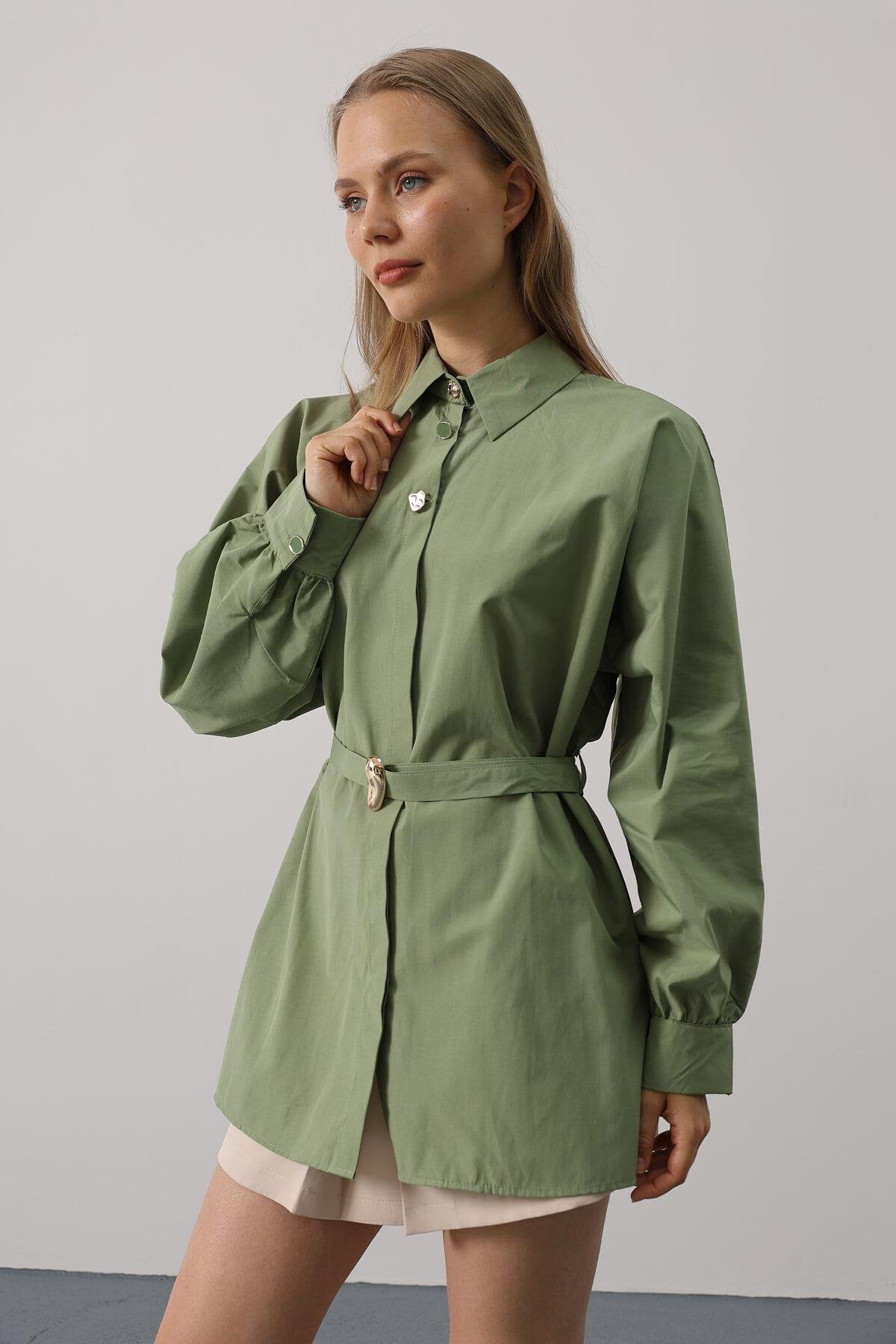 Haki Kuşak Detaylı Tunik Gömlek