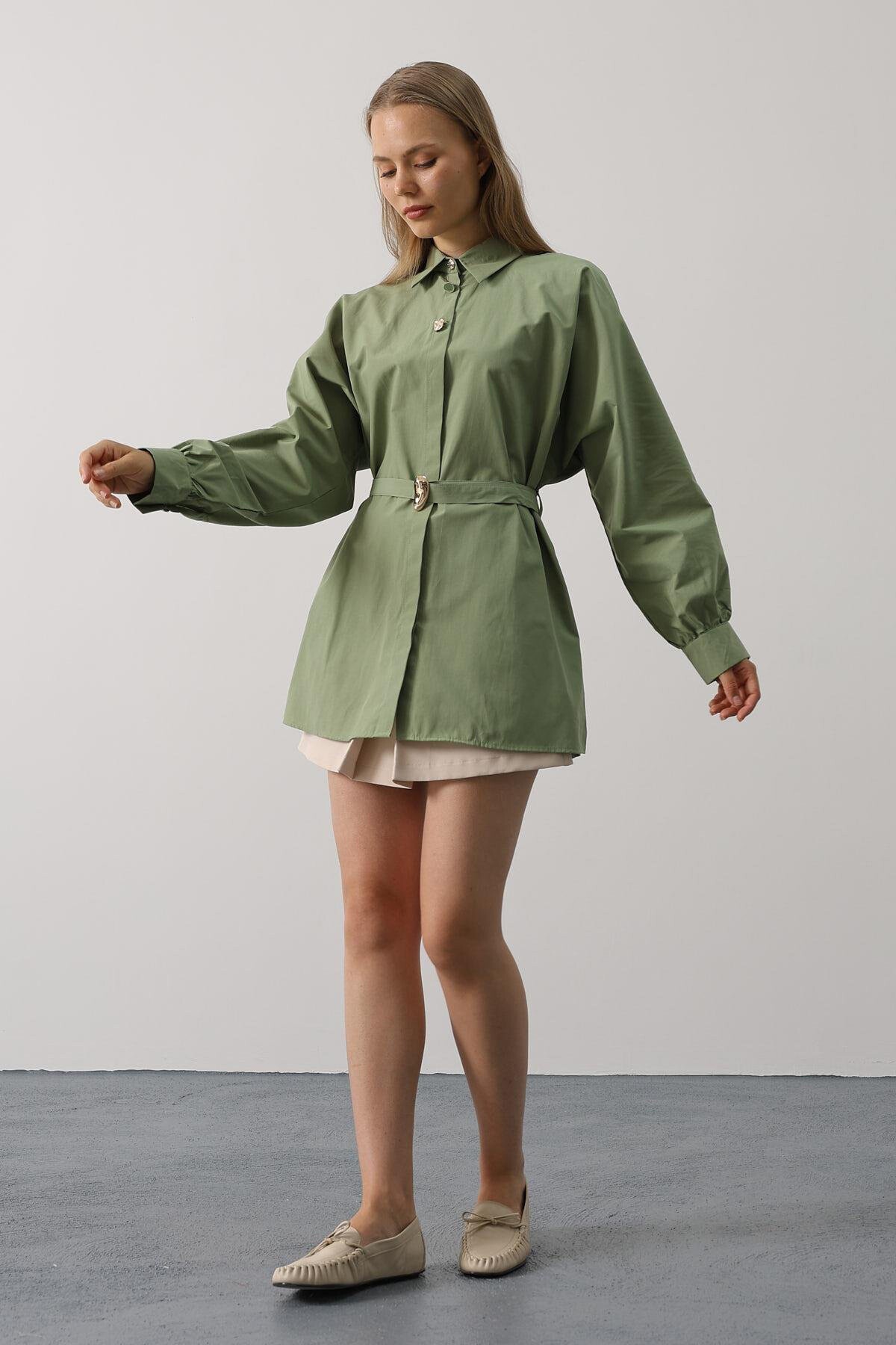 Haki Kuşak Detaylı Tunik Gömlek