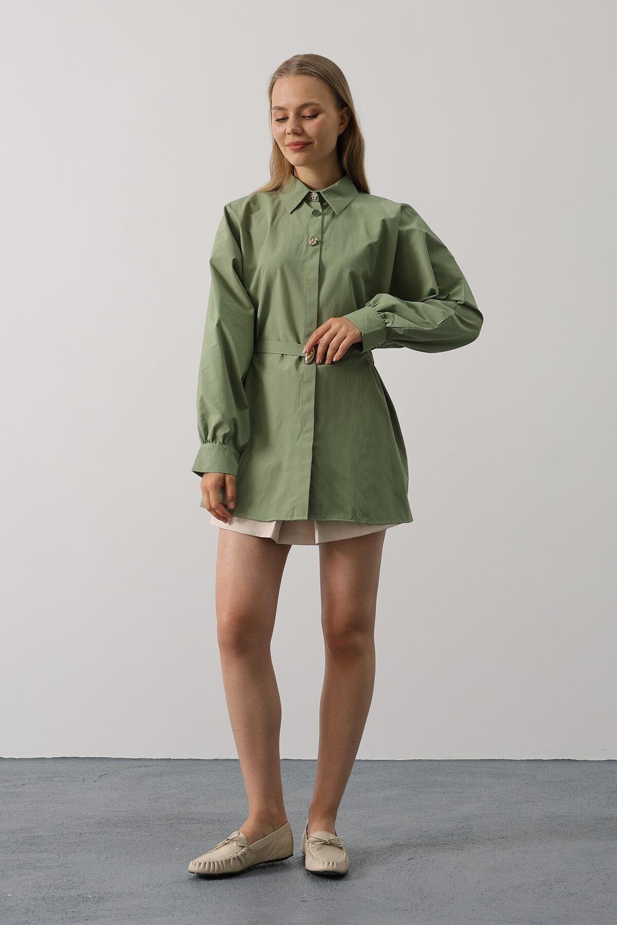 Haki Kuşak Detaylı Tunik Gömlek