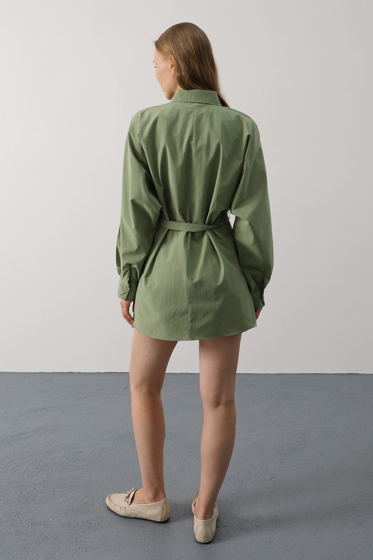 Haki Kuşak Detaylı Tunik Gömlek