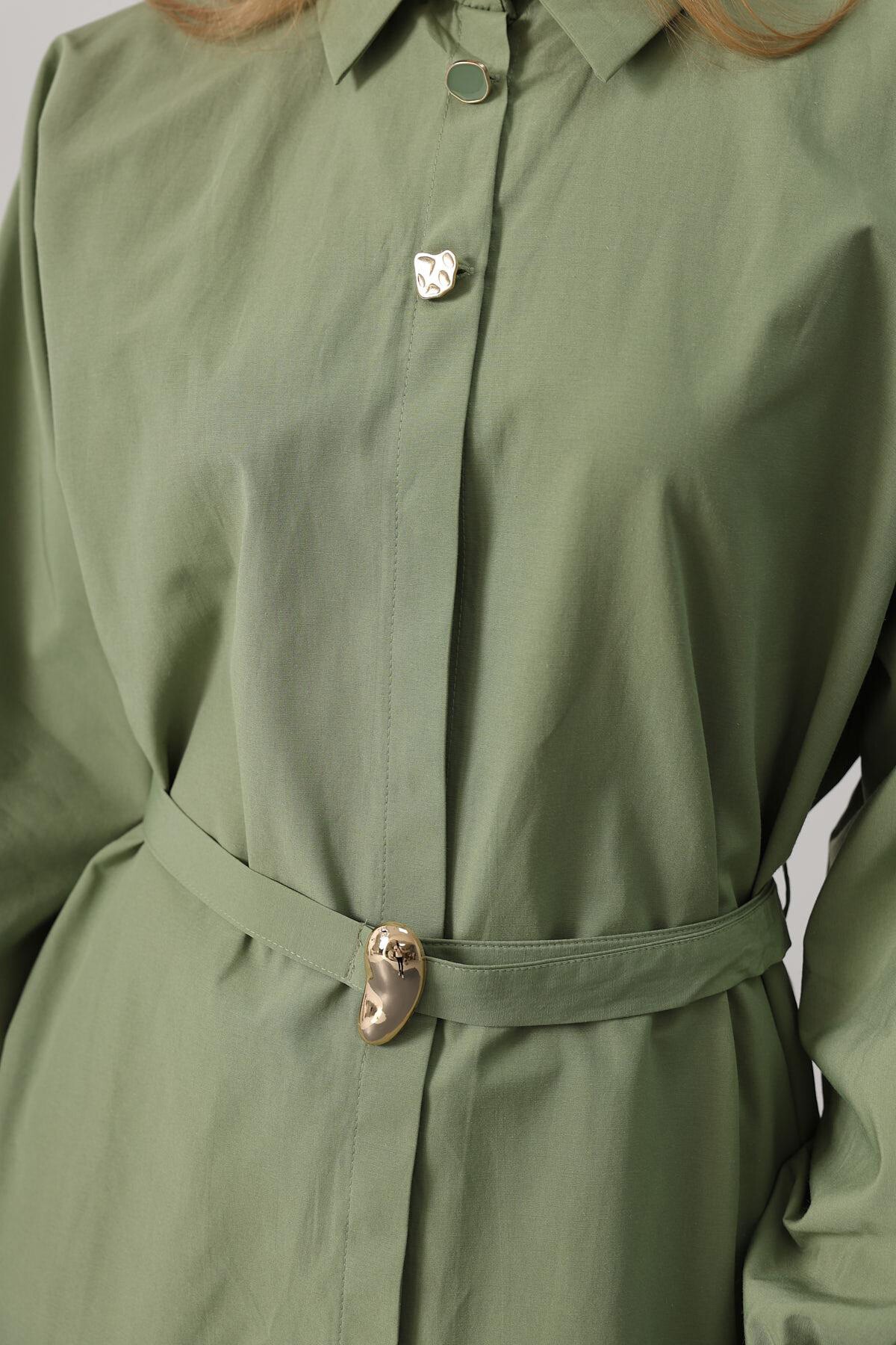 Haki Kuşak Detaylı Tunik Gömlek