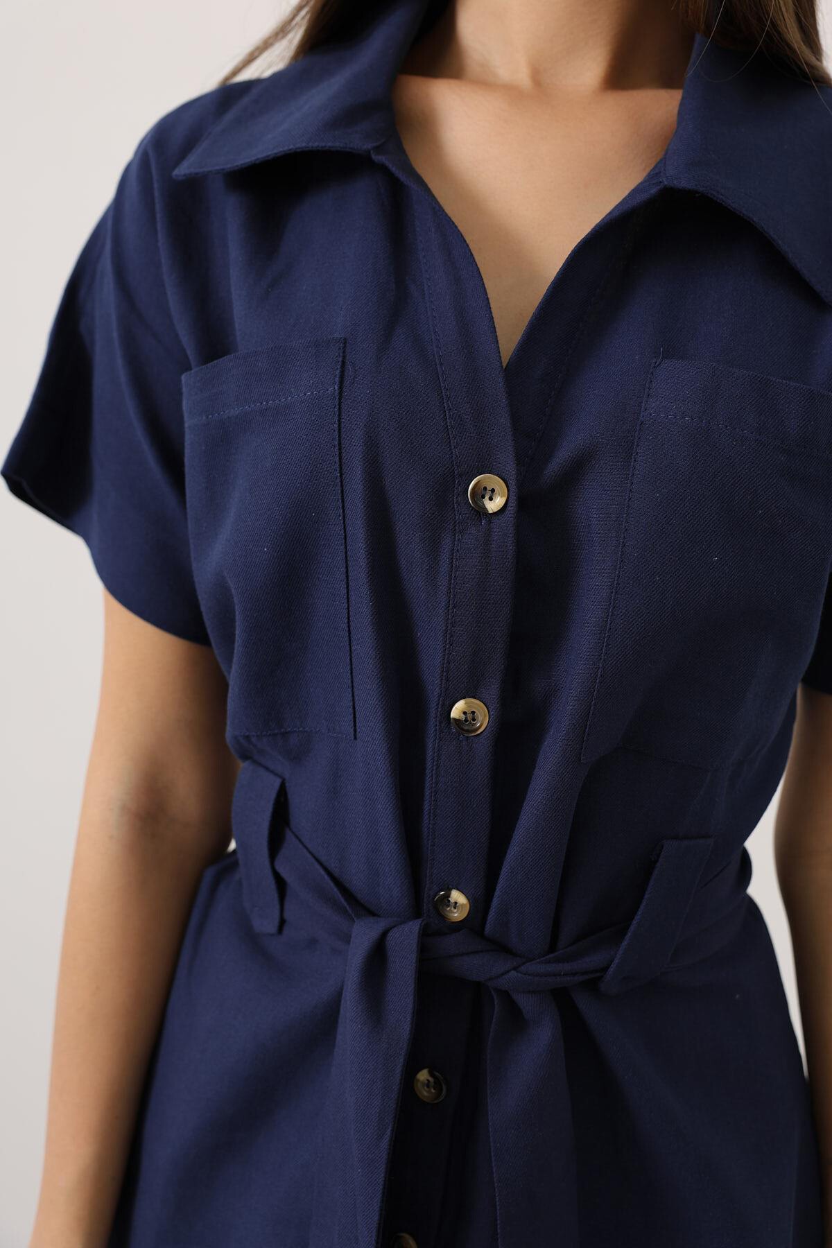 Lacivert Kuşaklı Cep Detaylı Pantolon Takım