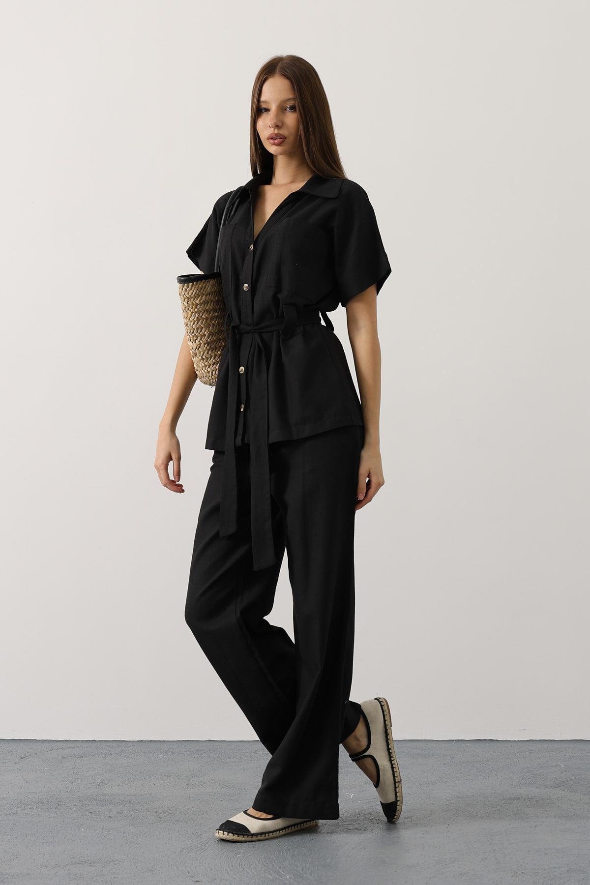 Siyah Kuşaklı Cep Detaylı Pantolon Takım