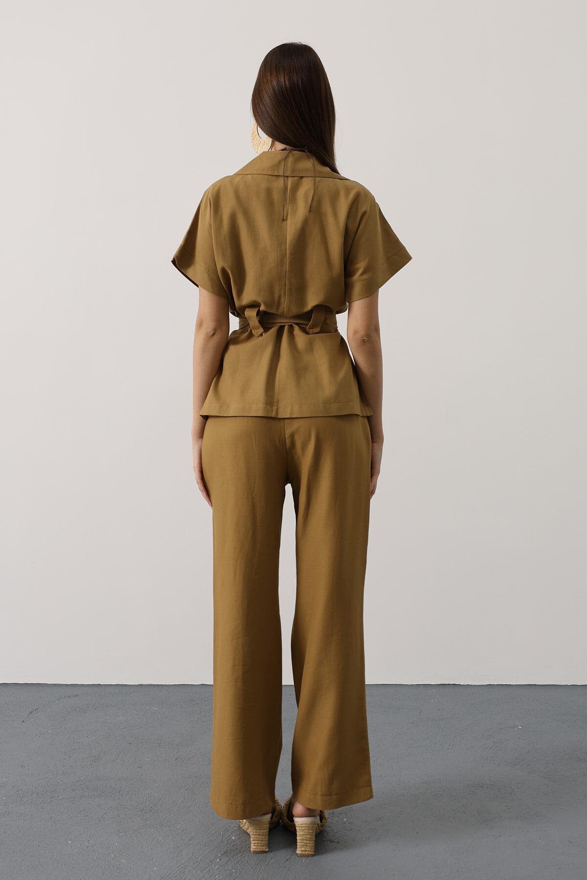 Yağ Yeşili Kuşaklı Cep Detaylı Pantolon Takım