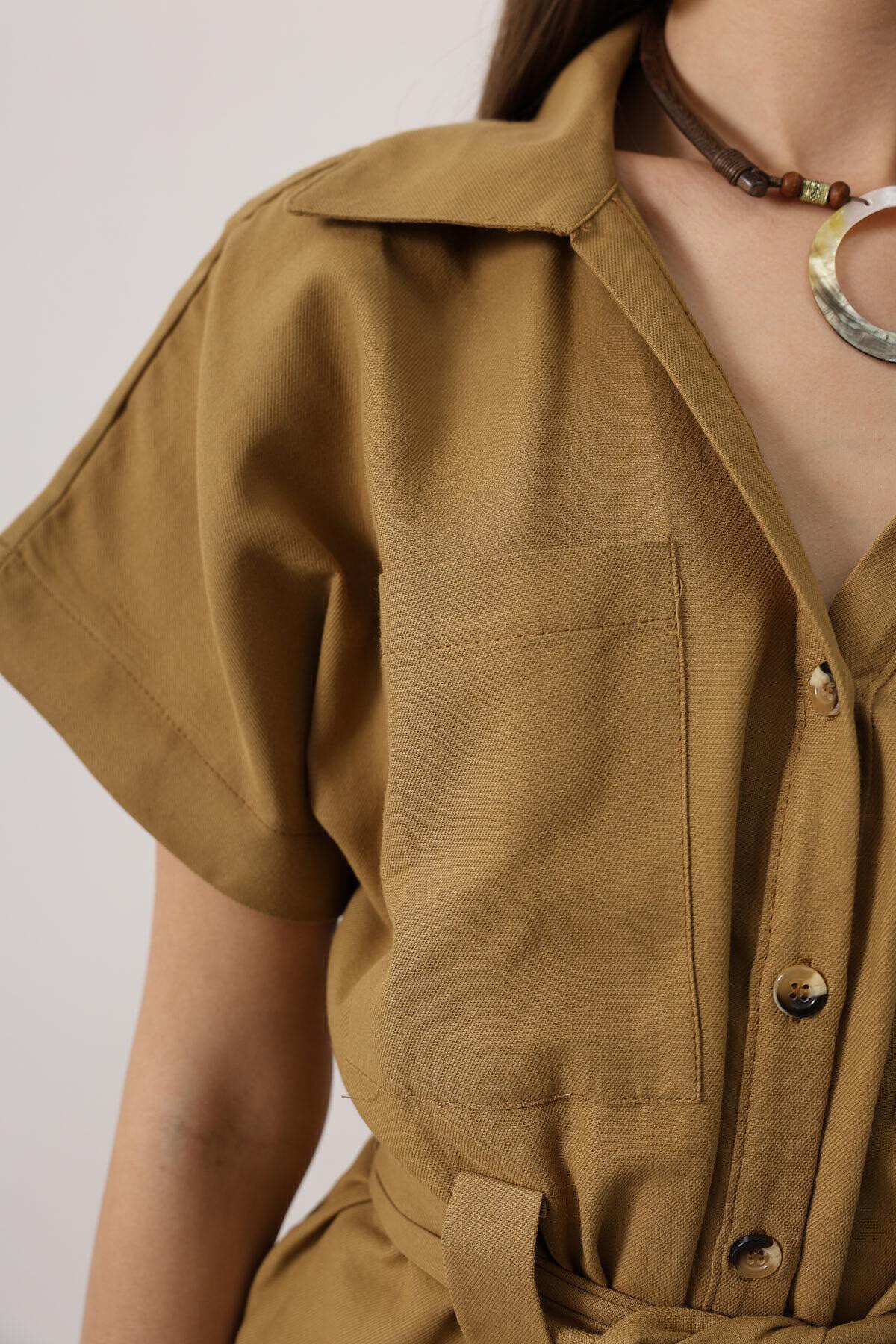 Yağ Yeşili Kuşaklı Cep Detaylı Pantolon Takım