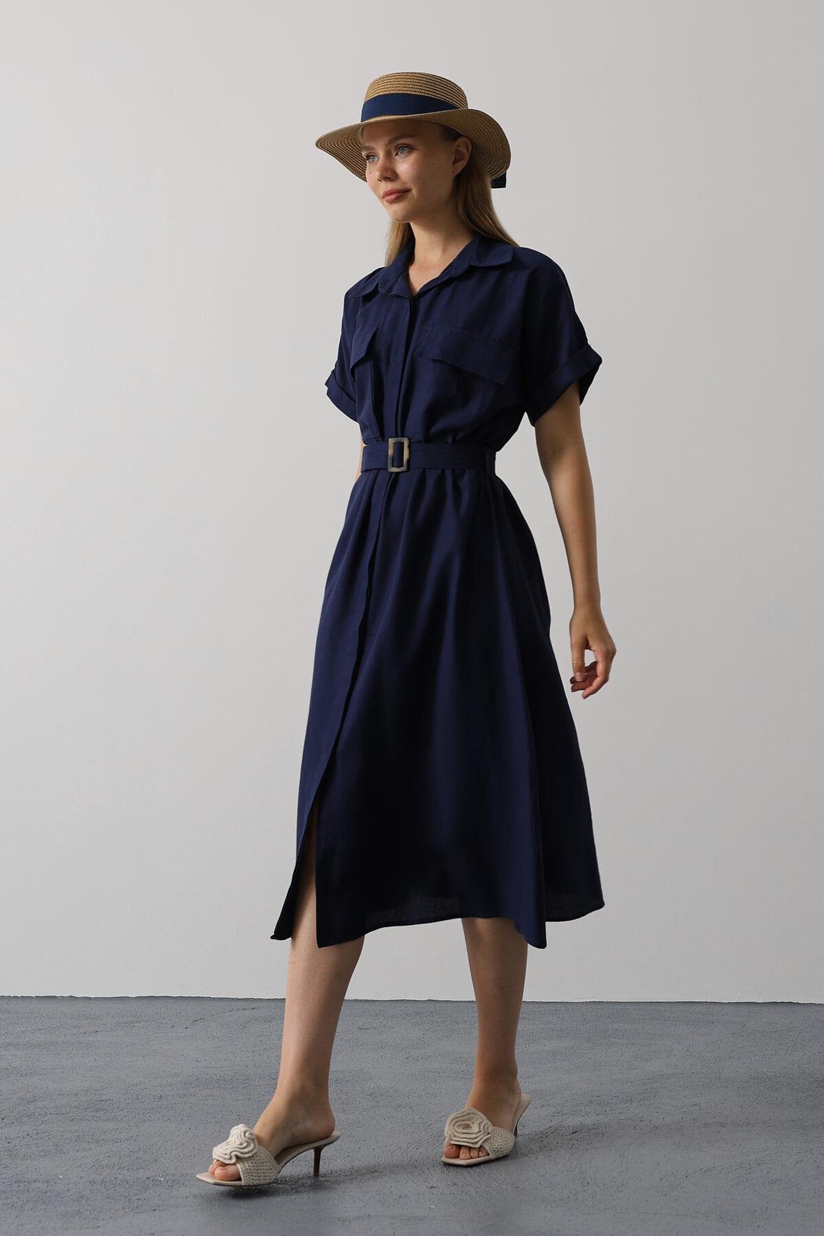 Lacivert Kuşaklı Çift Cepli Gömlek Yaka Midi Boy Elbise