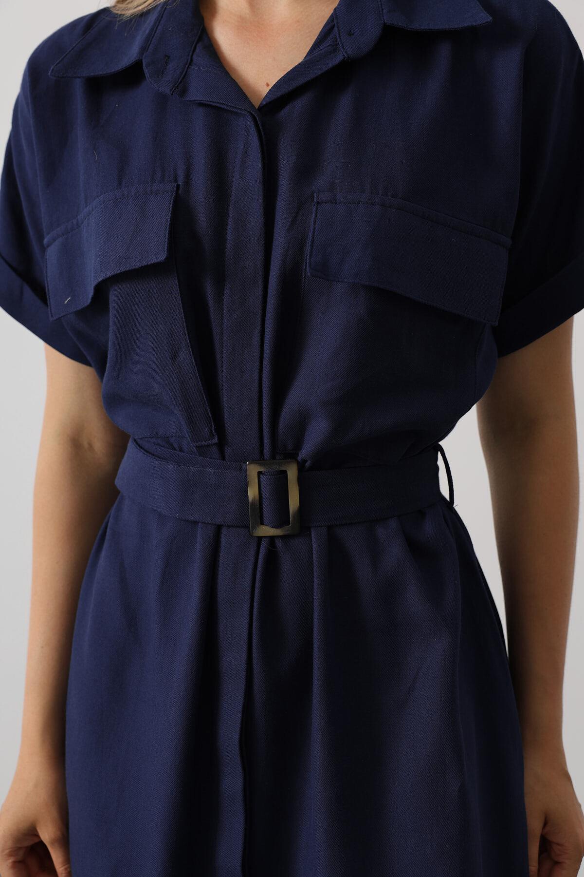 Lacivert Kuşaklı Çift Cepli Gömlek Yaka Midi Boy Elbise
