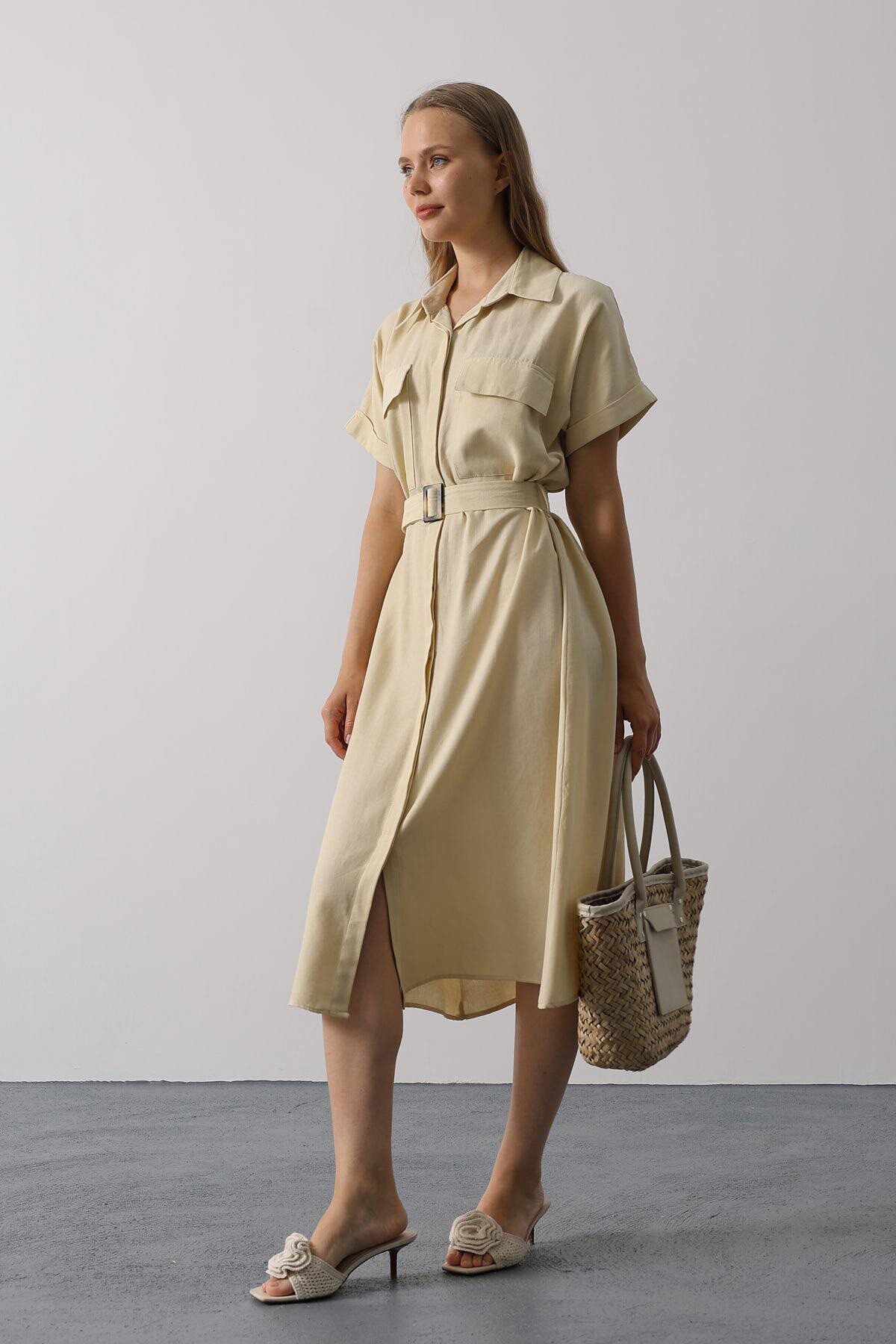 Ekru Kuşaklı Çift Cepli Gömlek Yaka Midi Boy Elbise