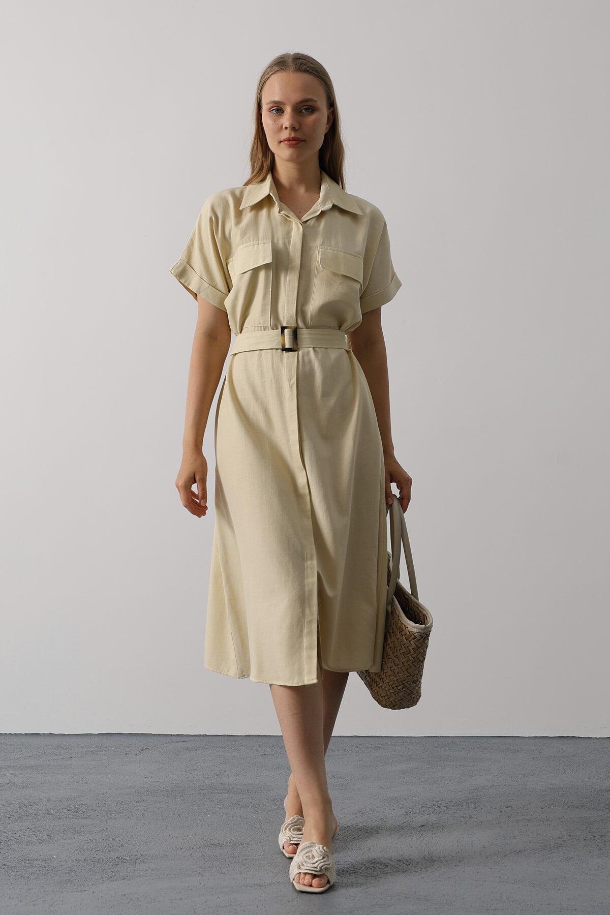 Ekru Kuşaklı Çift Cepli Gömlek Yaka Midi Boy Elbise