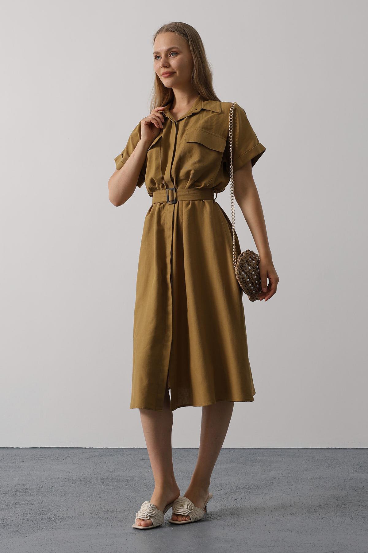 Yağ Yeşili Kuşaklı Çift Cepli Gömlek Yaka Midi Boy Elbise