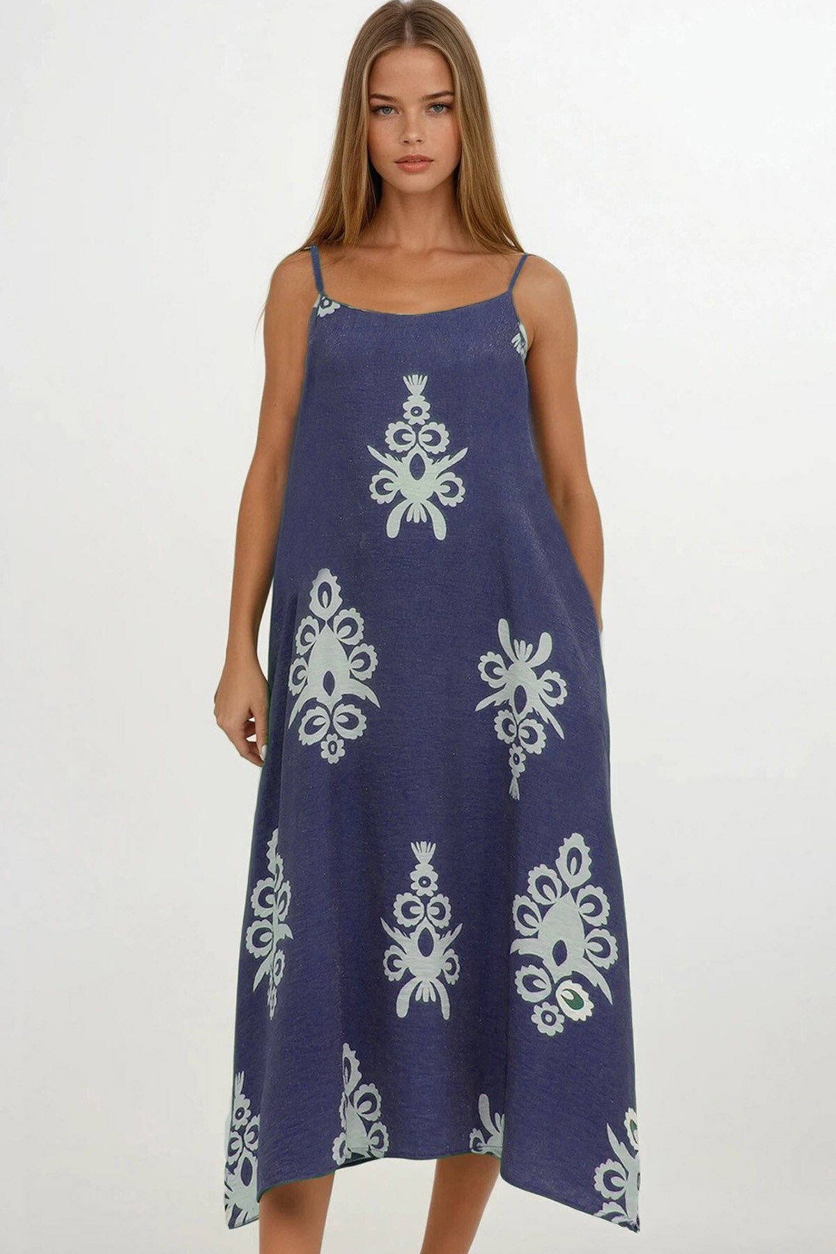 Lacivert Ayarlanabilir Askılı Desenli Çift Cepli Midi Boy Keten Elbise