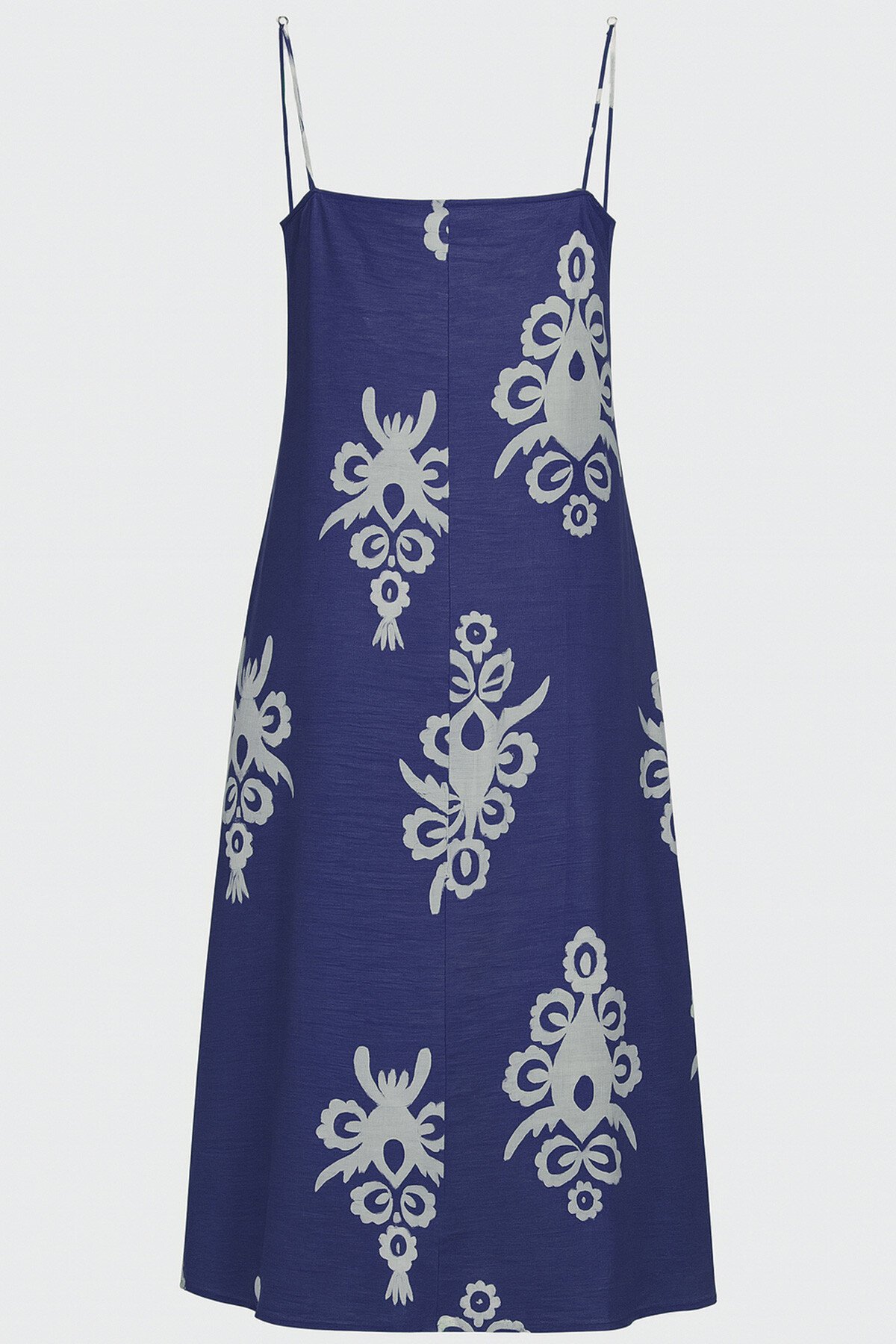 Lacivert Ayarlanabilir Askılı Desenli Çift Cepli Midi Boy Keten Elbise