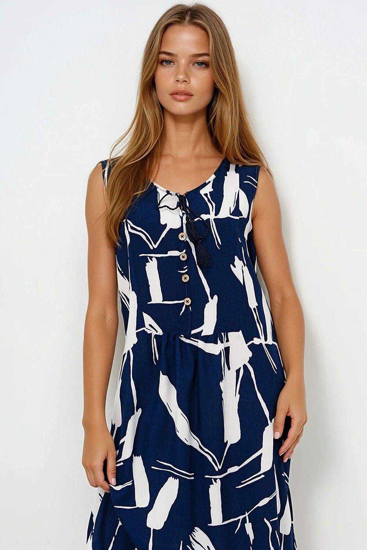 Lacivert Beyaz Bisiklet Yaka Bağlama Detaylı Midi Boy Yazlık Elbise