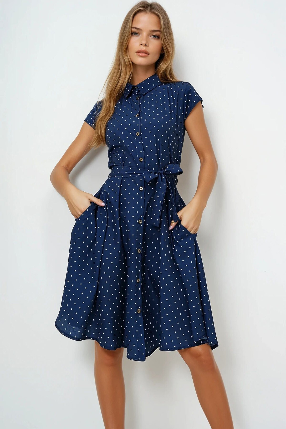 Lacivert Beyaz Kolsuz Dokuma Gömlek Elbise