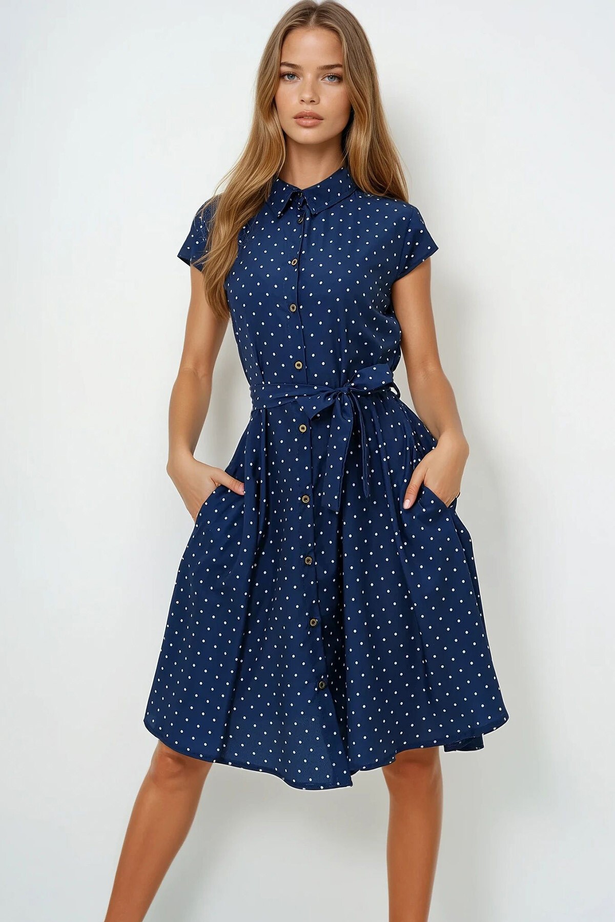 Lacivert Beyaz Kolsuz Dokuma Gömlek Elbise