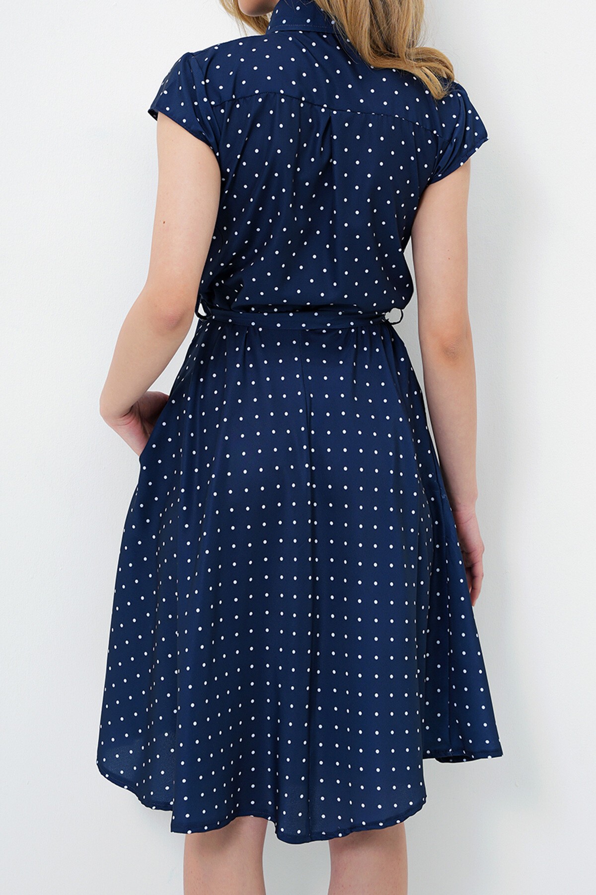Lacivert Beyaz Kolsuz Dokuma Gömlek Elbise
