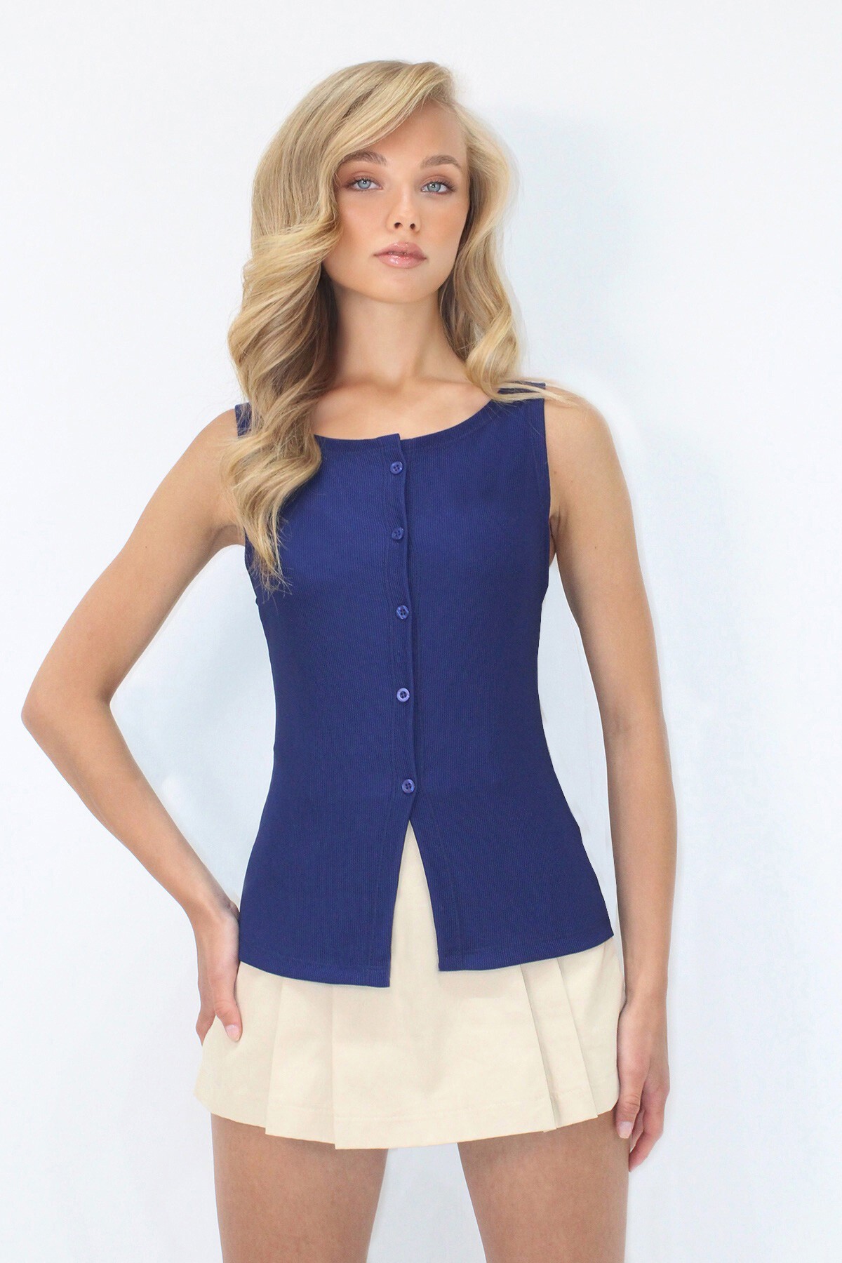 Lacivert Bisiklet Yaka Önü Düğmeli Ottoban Kolsuz Bluz