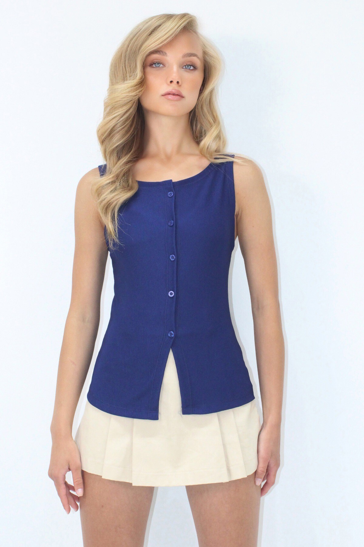 Lacivert Bisiklet Yaka Önü Düğmeli Ottoban Kolsuz Bluz