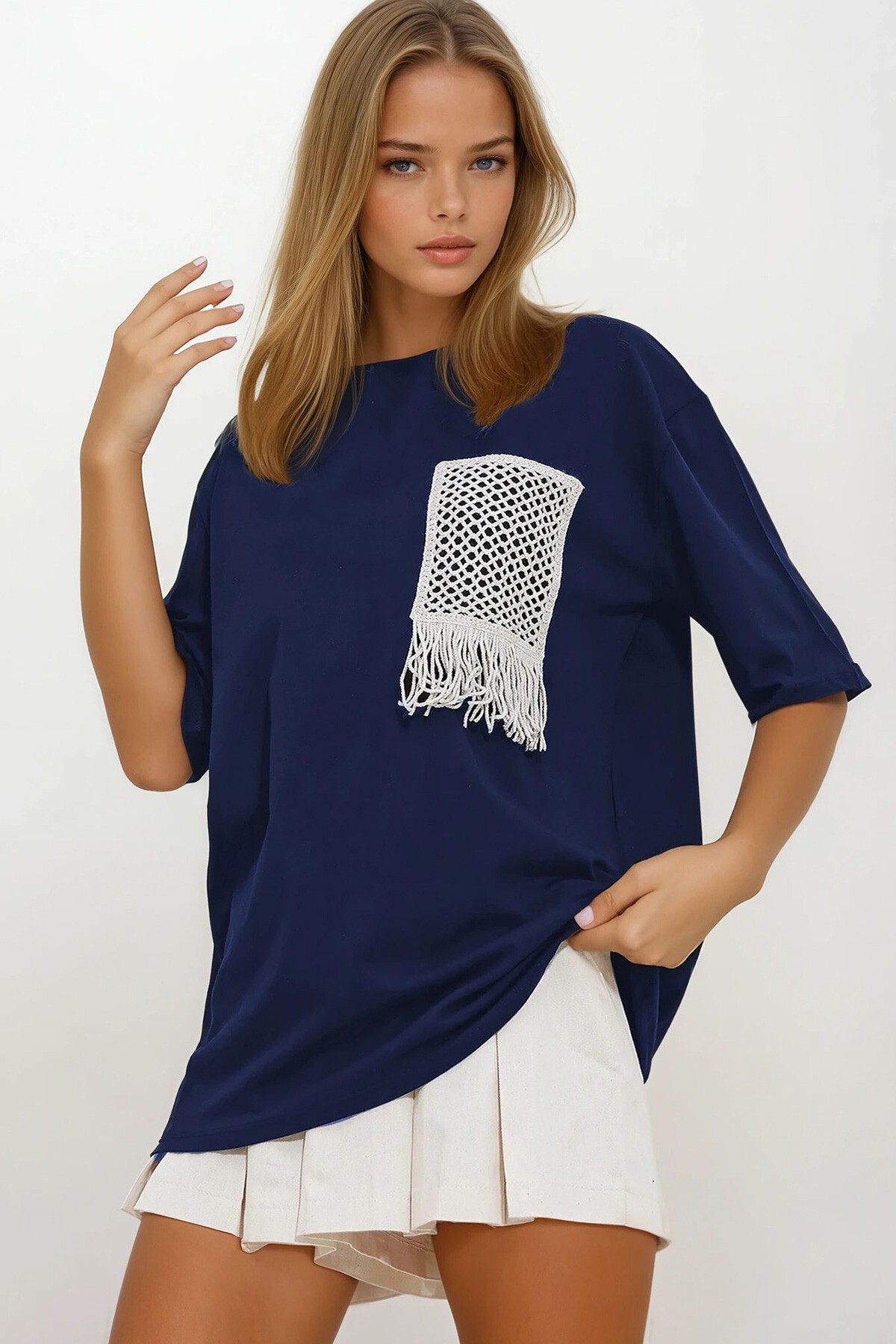 Lacivert Bisiklet Yaka Örgü Cepli İki İplik T-Shirt