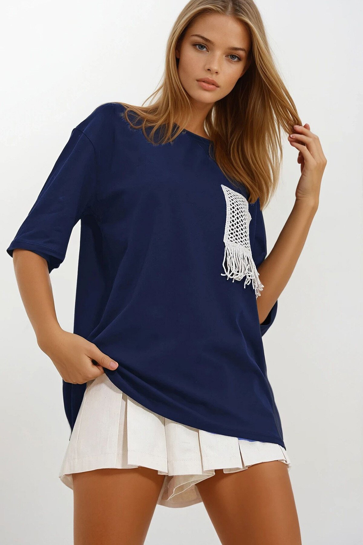 Lacivert Bisiklet Yaka Örgü Cepli İki İplik T-Shirt