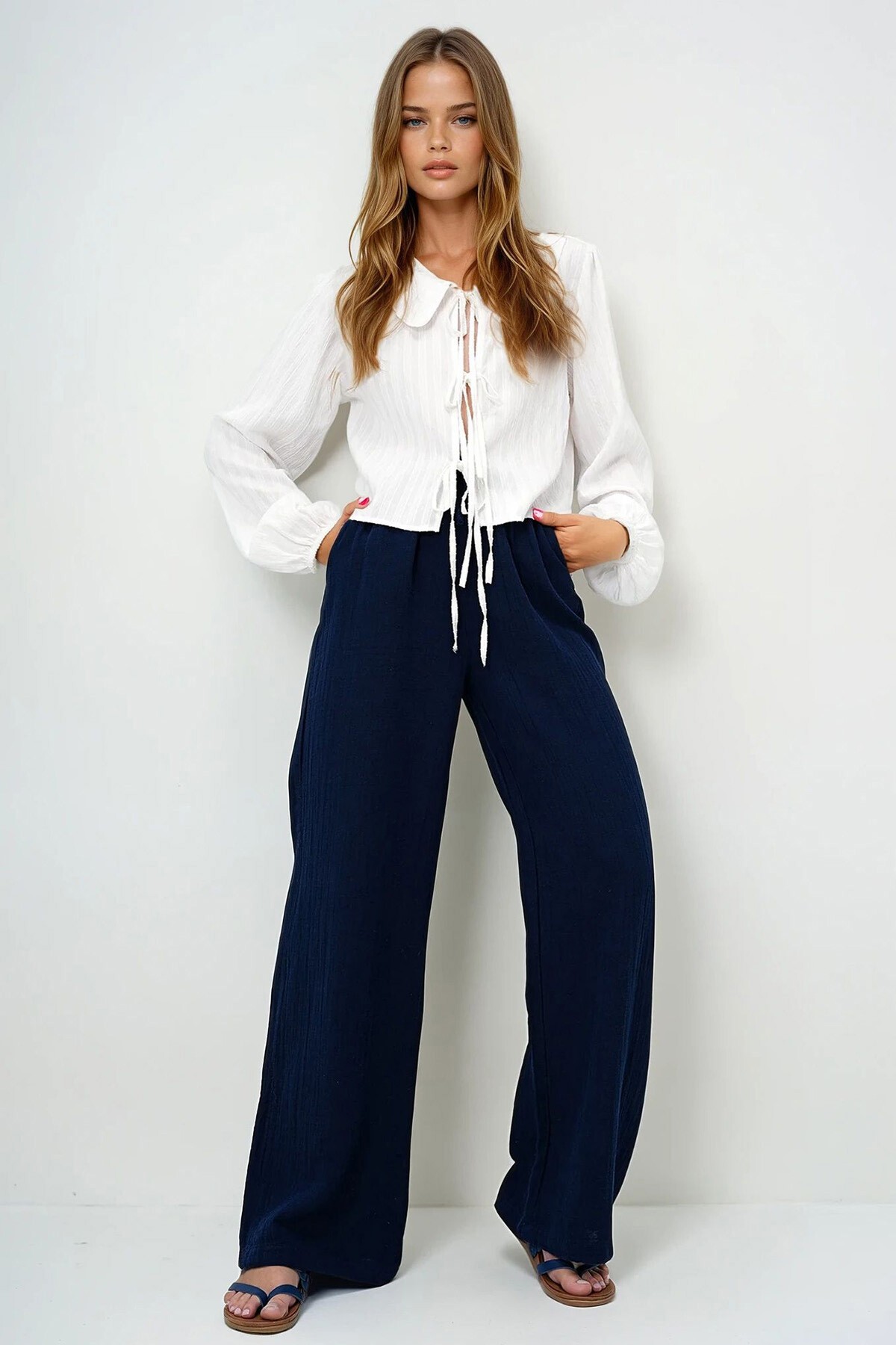 Lacivert Çift Cepli Beli Lastikli Müslin Keten Pantolon