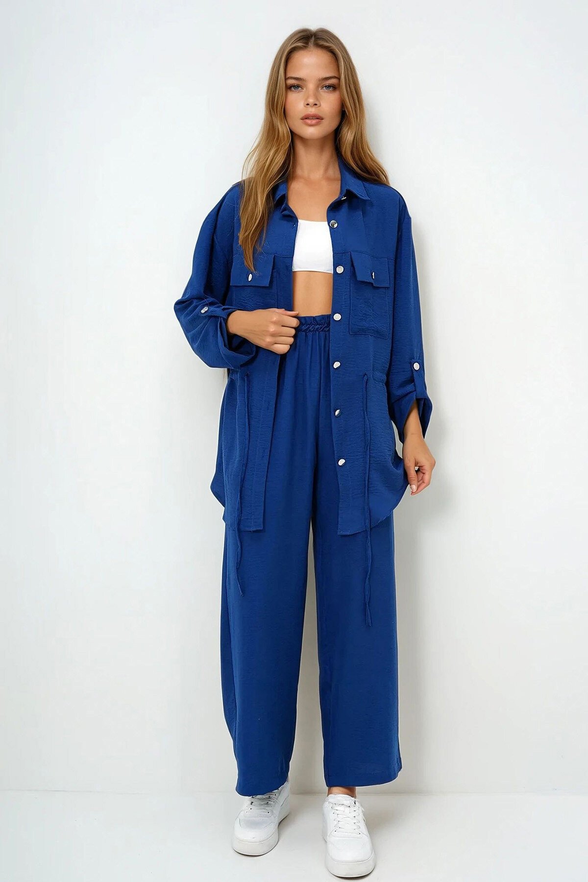 Lacivert Çift Cepli Safari Ceket Ve Beli Lastikli Wide Leg Aerobin Pantolonlu Takım