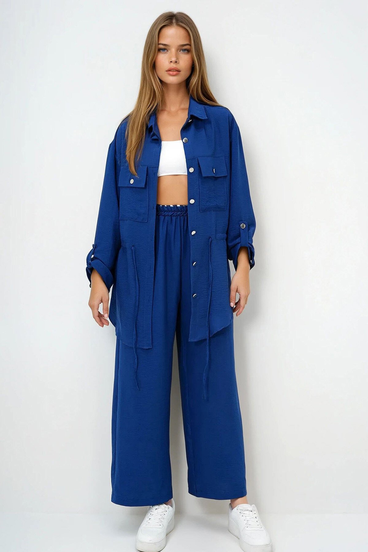 Lacivert Çift Cepli Safari Ceket Ve Beli Lastikli Wide Leg Aerobin Pantolonlu Takım