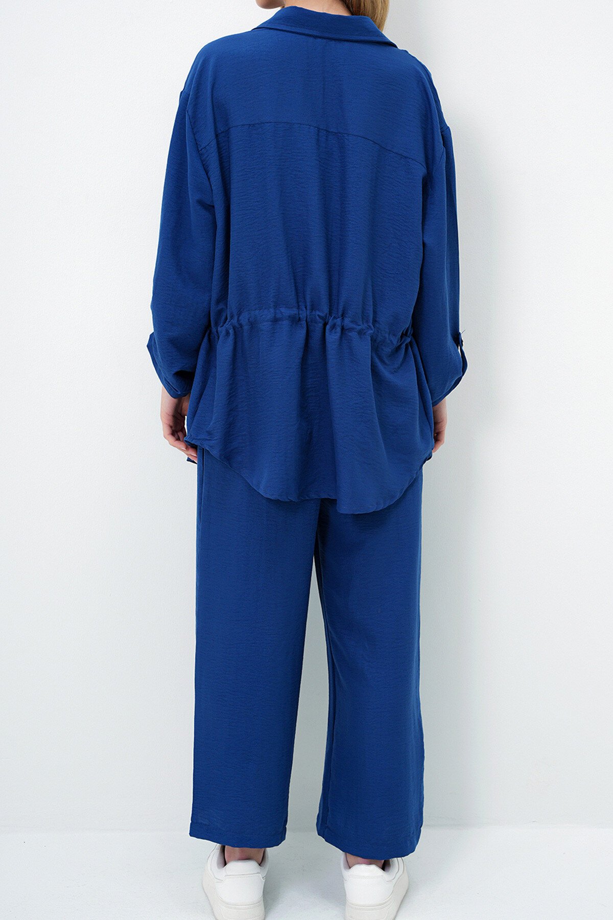 Lacivert Çift Cepli Safari Ceket Ve Beli Lastikli Wide Leg Aerobin Pantolonlu Takım