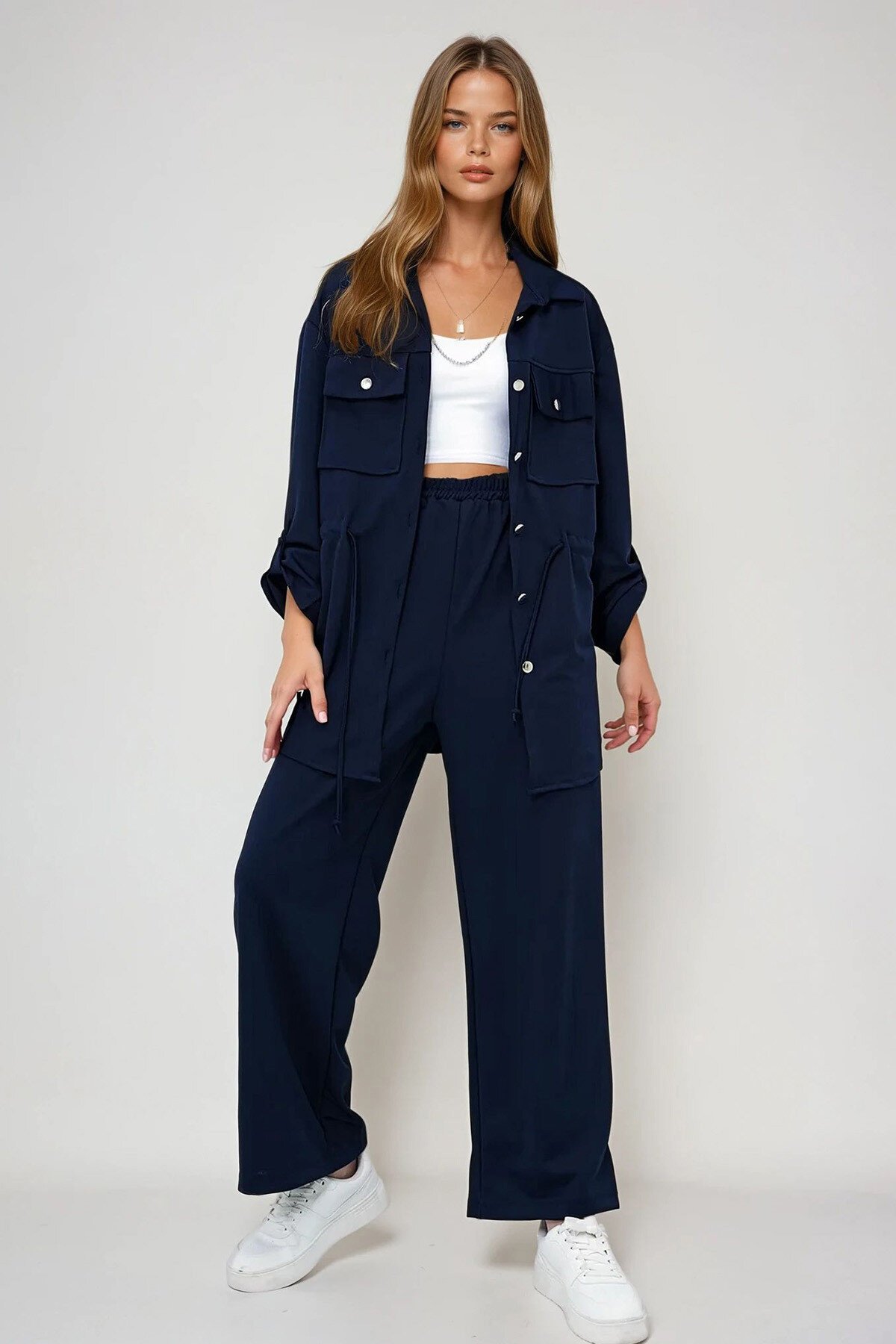 Lacivert Çift Cepli Safari Ceket Ve Beli Lastikli Wide Leg Pantolonlu Krep Alt Üst Takım