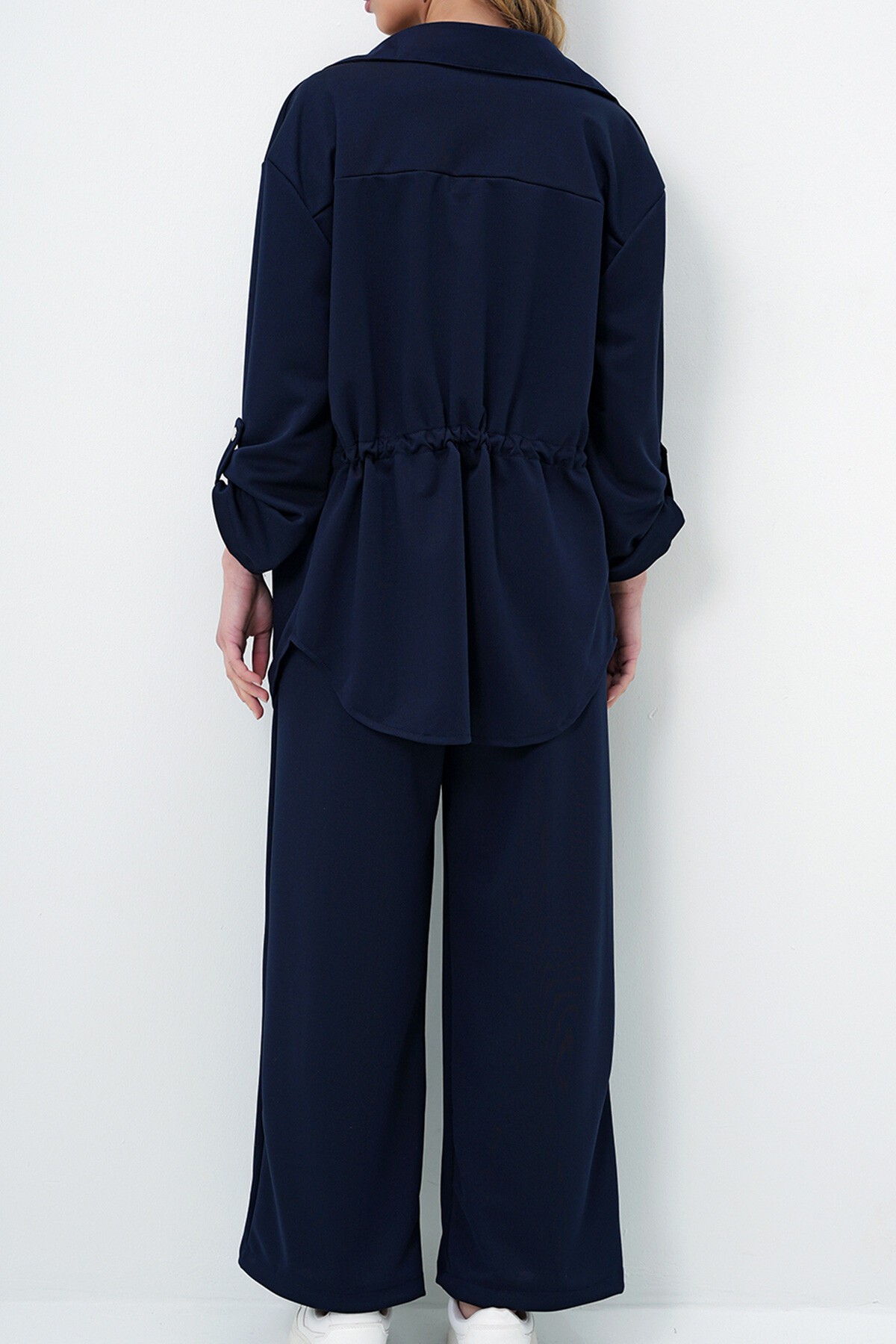 Lacivert Çift Cepli Safari Ceket Ve Beli Lastikli Wide Leg Pantolonlu Krep Alt Üst Takım