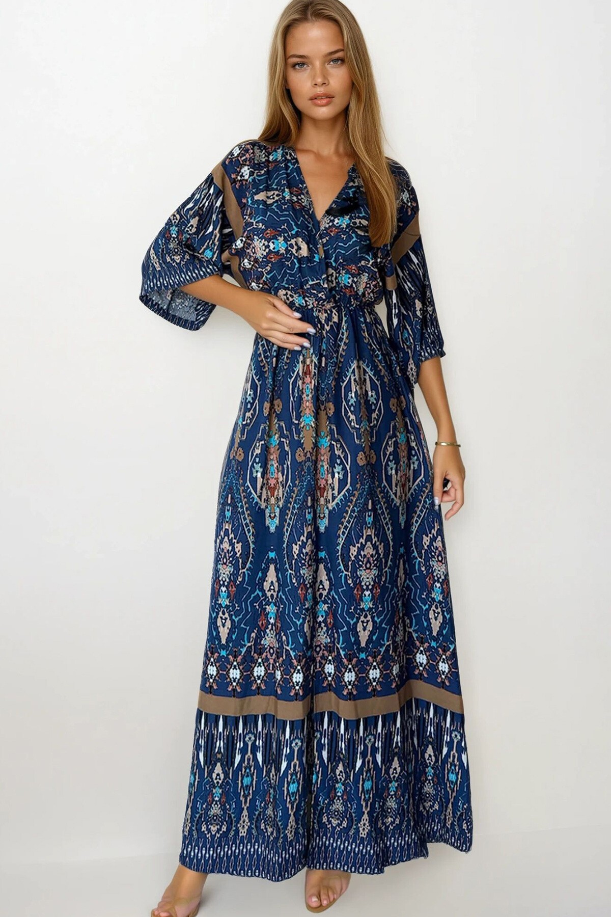 Lacivert Etnik Desenli Kruvaze Yaka Beli Lastikli Maxi Boy Elbise