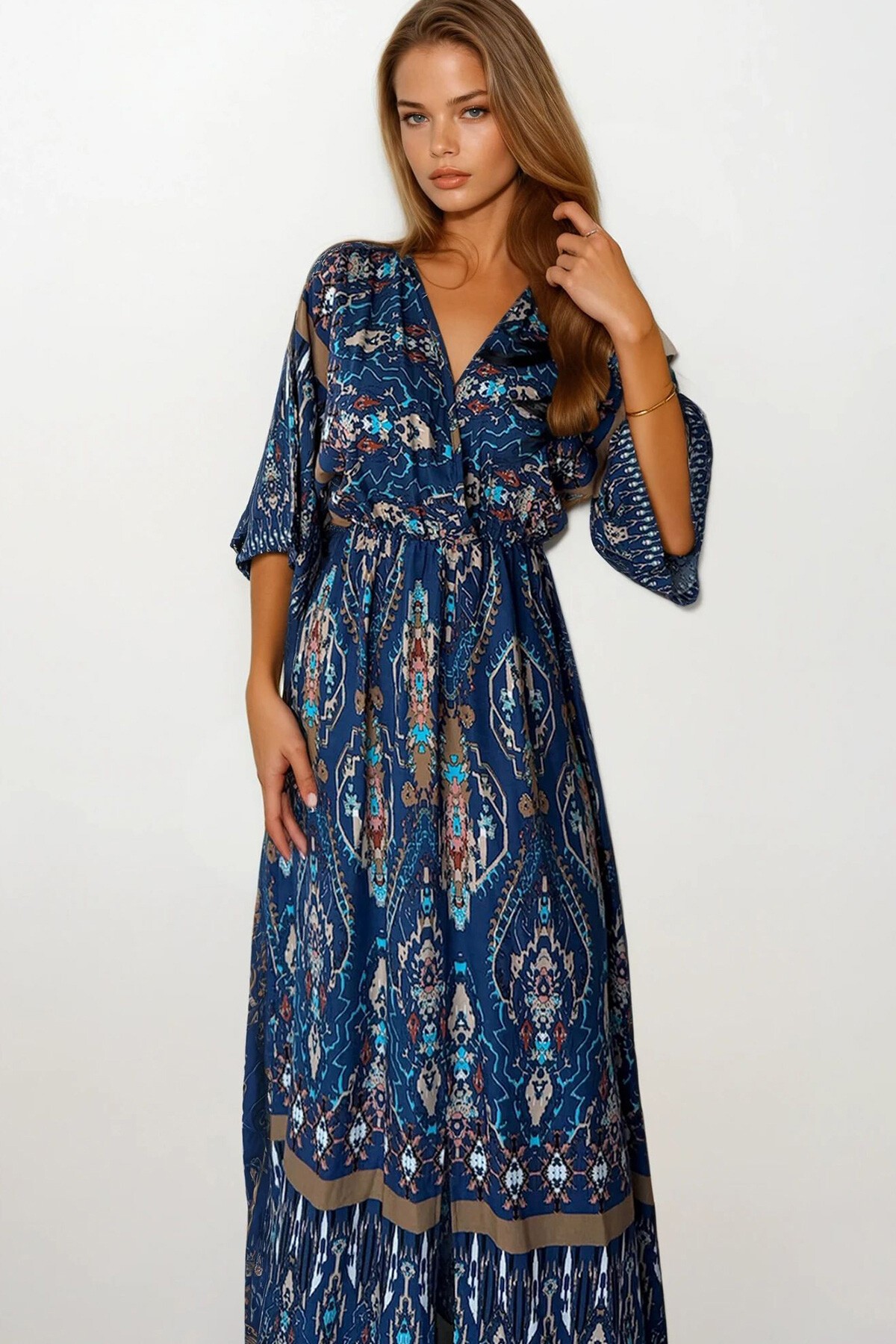 Lacivert Etnik Desenli Kruvaze Yaka Beli Lastikli Maxi Boy Elbise