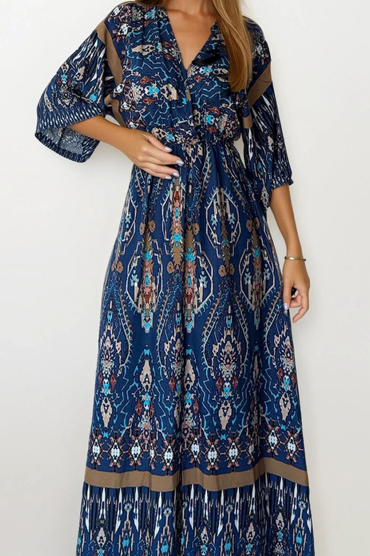 Lacivert Etnik Desenli Kruvaze Yaka Beli Lastikli Maxi Boy Elbise